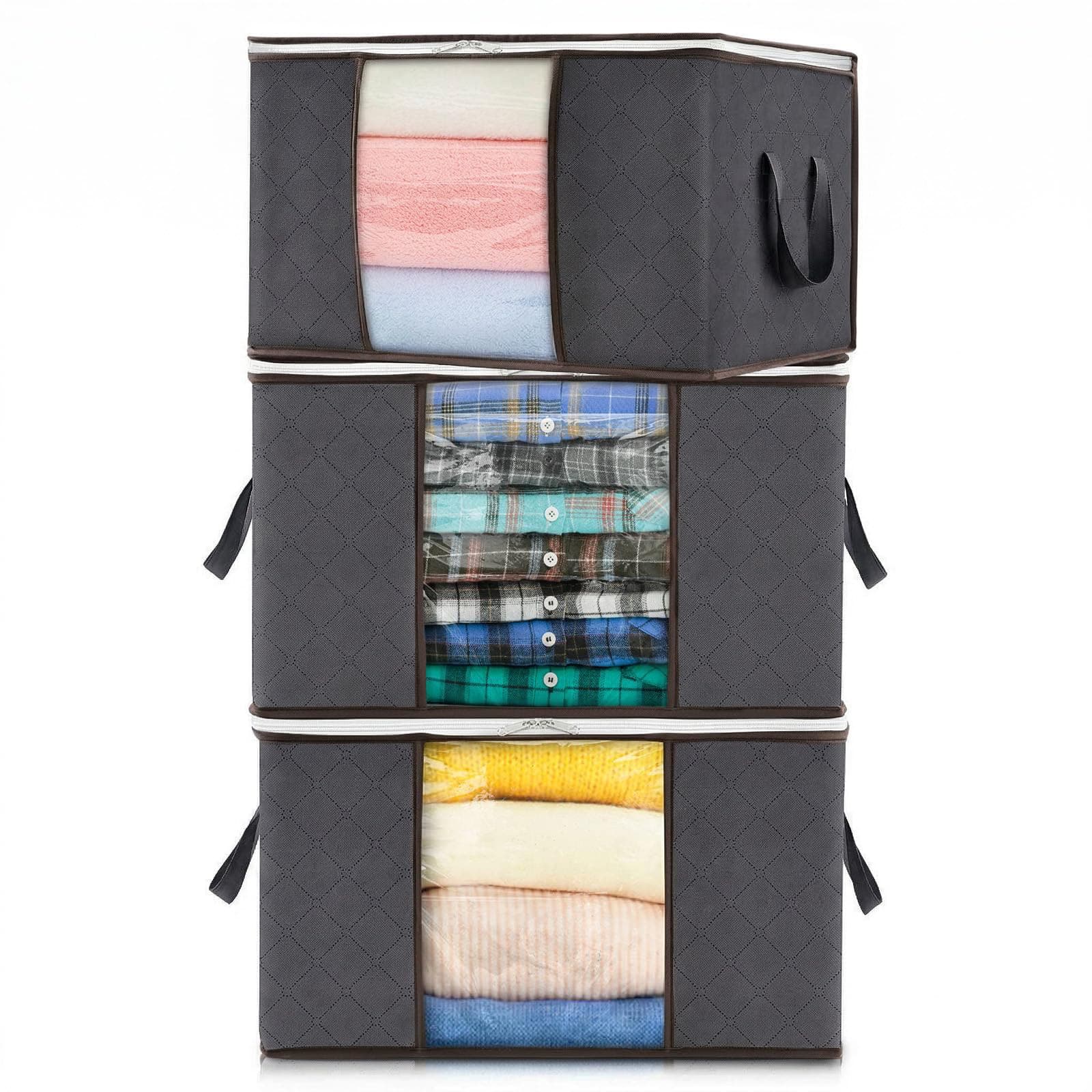 Lifewit 50L Clothes Storage Bags Large Storage Box With Lid Packing Boxes for Moving House With Reinforced Handle Thick Fabric Clear Window for Clothes Duvet Blankets Bedding, 3 Pack, Grey