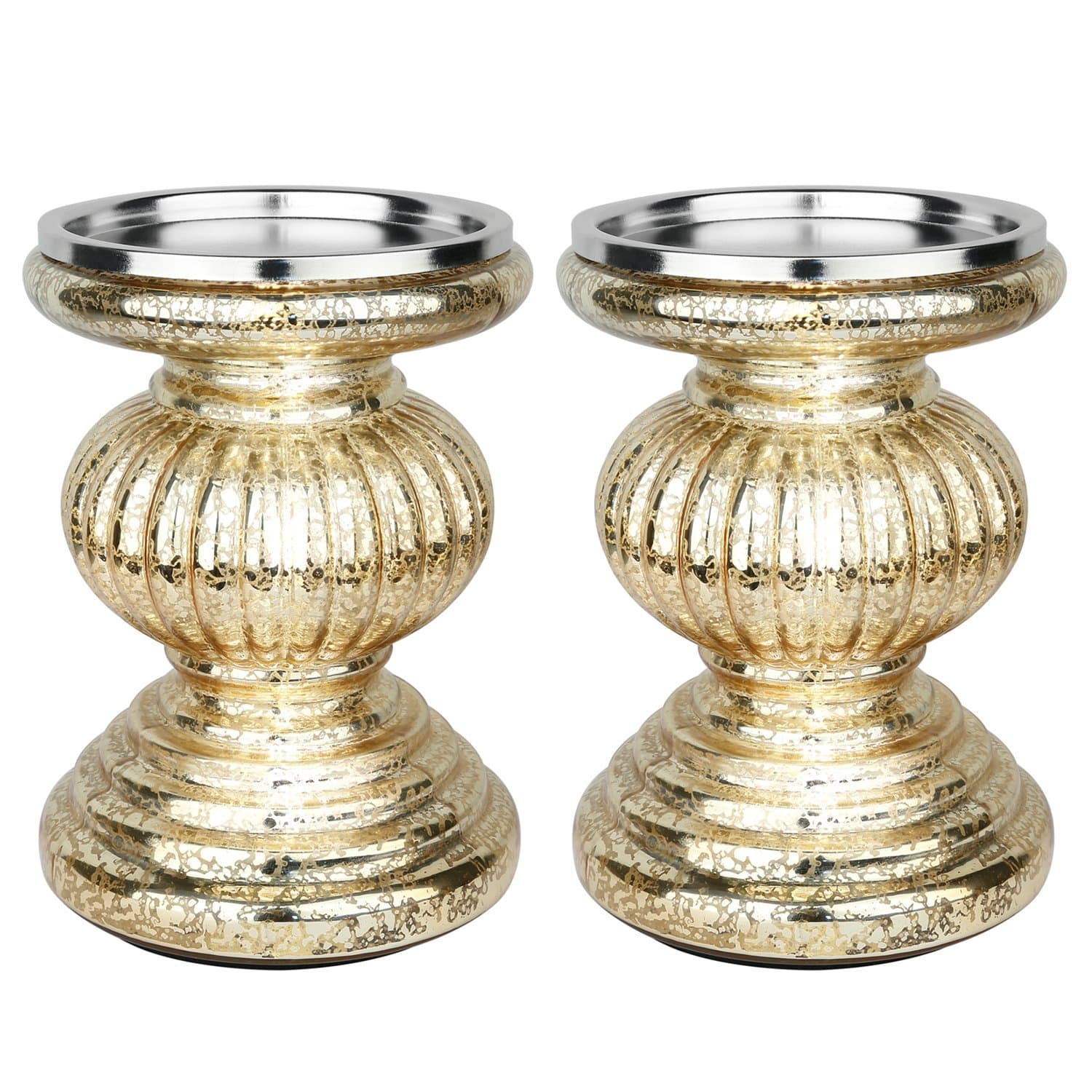 Runflory S/2 Lit Candle Holder Pedestals, 5.3" Handmade Festive Ribbed Mercury Glass Pillar Candle Stand Holder with Micro LED Lights - Home Decor Accessories (Gold)