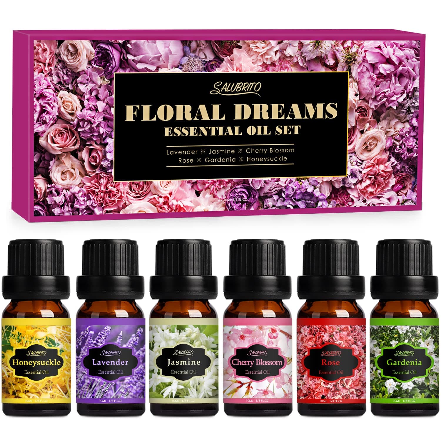 Essential Oils Set, Floral Fragrance Oils for Diffuser for Home, 6 x 10ML Aromatherapy Oil for Candle Soap Making - Jasmine, Lavender, Rose, Gardenia, Cherry Blossom, Honeysuckle