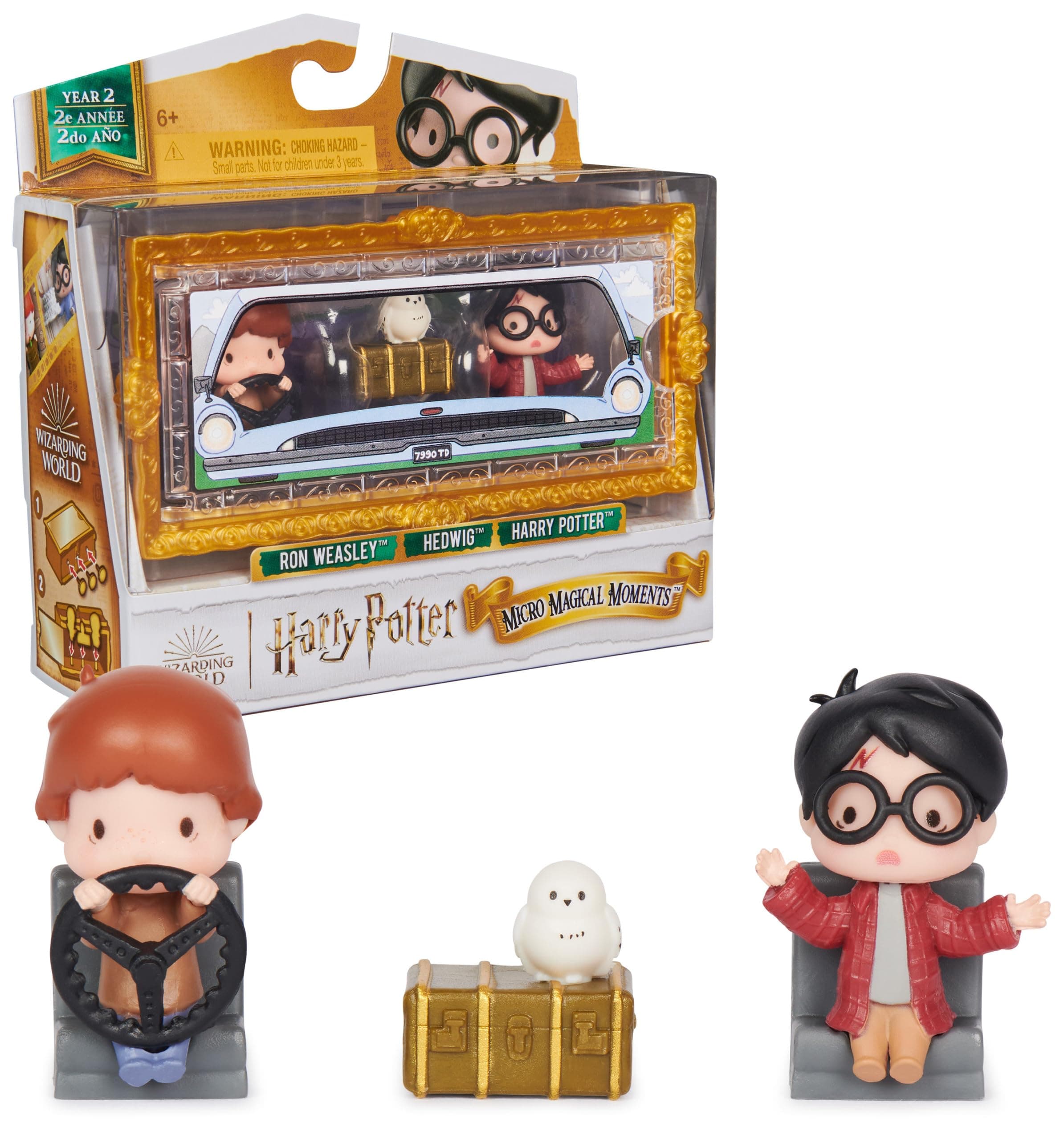 Wizarding World Harry Potter, Micro Magical Moments Year 2 Flying Car Figure Set with Harry, Ron, Hedwig & Display Case, Kids’ Toys for Ages 6+