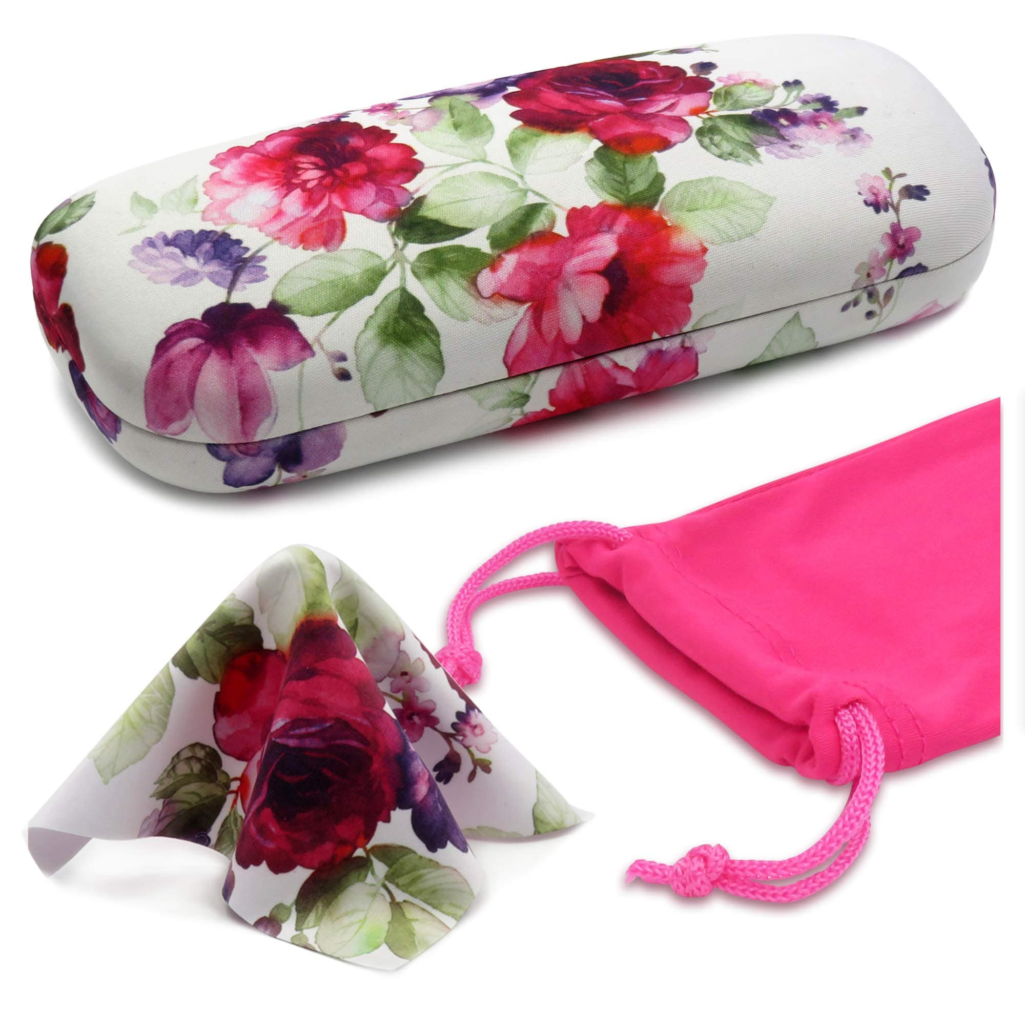 Floral Hard Shell Eyeglass Case for women Medium Sunglasses case with Cleaning Cloth by Rachel Rowberry (AS126 Cranberry Rose)