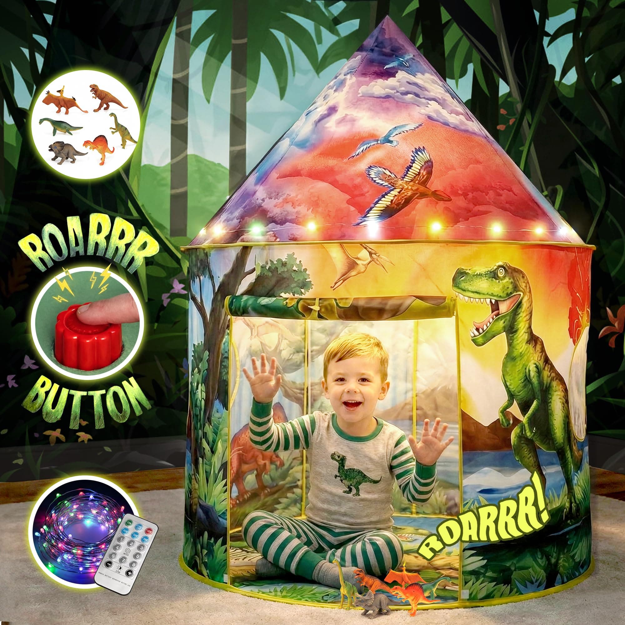 W&O Dinosaur Discovery Kids Tent with Roar Button, Dinosaur Toys and LED Lights - Epic Pop Up Tent for Boys & Girls - Perfect for Indoor & Outdoor Adventures