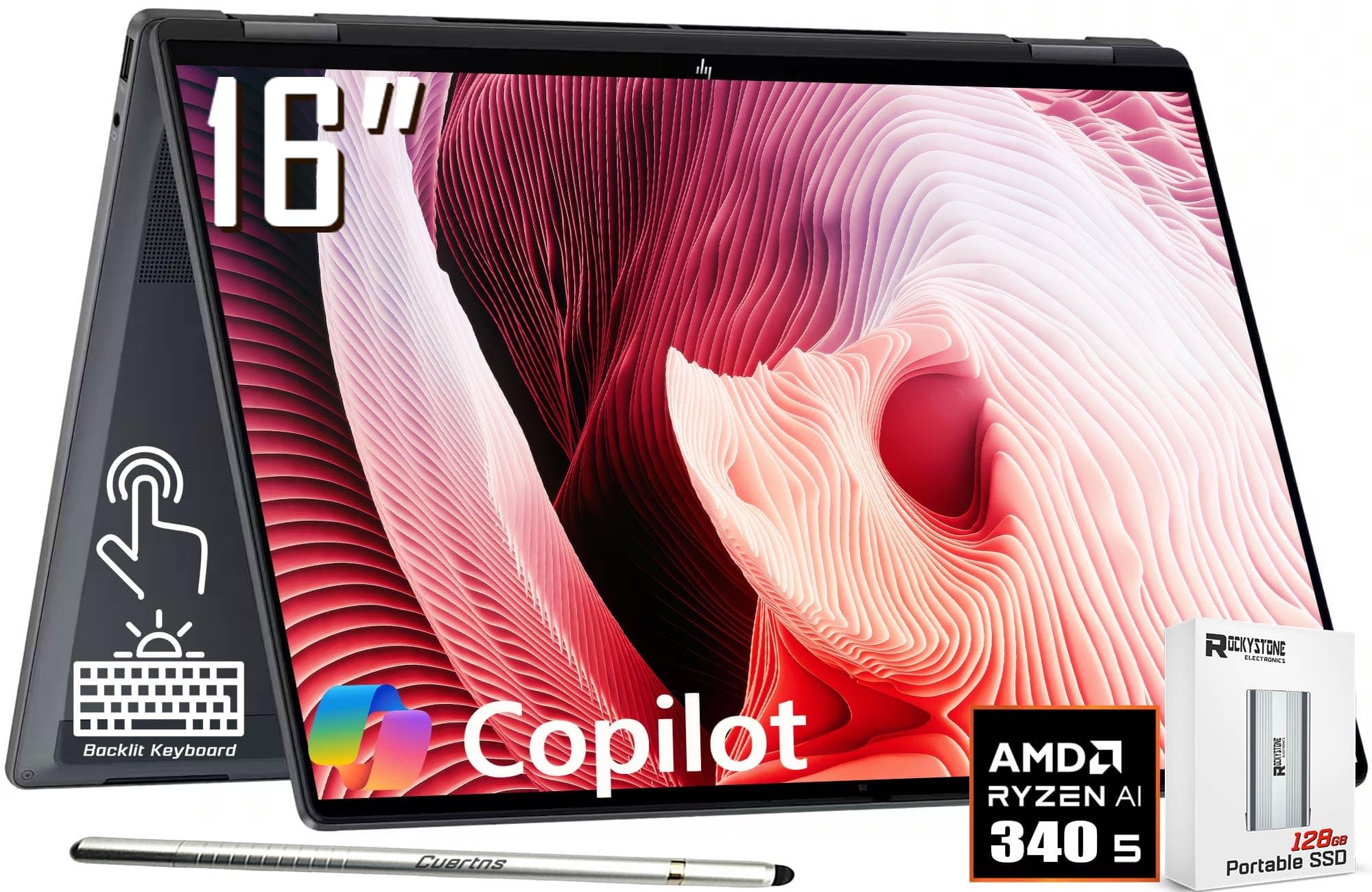 HP OmniBook X Flip 2-in-1 Copilot+ AI PC Laptop, 16" 2K Touchscreen, AMD 6-Core Ryzen AI 5 340(>Intel i5-13420H), 16GB LPDDR5X, 512GB SSD, 5MP IR Webcam, Backlit KB, W/128GB PSD&Stylus, Win11 Home