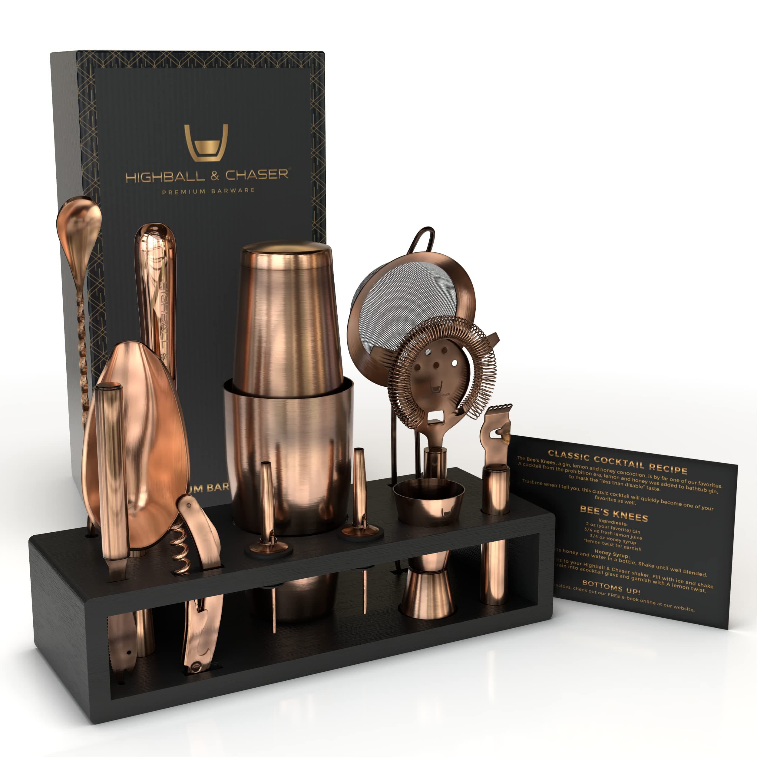 - Highball & Chaser Bartender Kit with Black Bamboo Stand Beautiful Cocktail Shaker Set and Bar Tools Stainless Steel Boston Shaker Bartender Kit with Stand (Antique Copper)