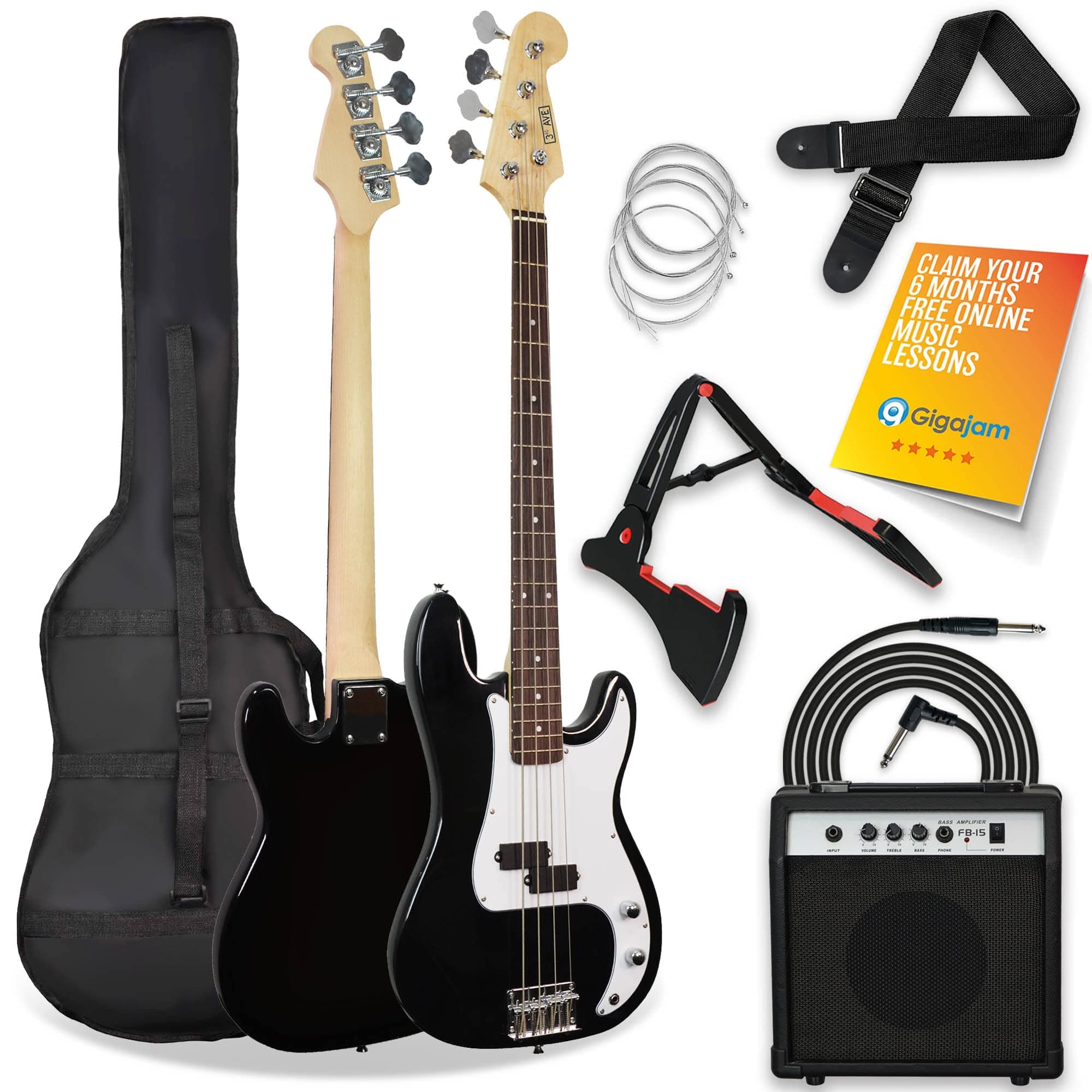 Full Size 4/4 Electric Bass Guitar Beginner Pack Kit with 15W Amplifier, Bag, Cable, Strap, Stand and Spare Strings - Black