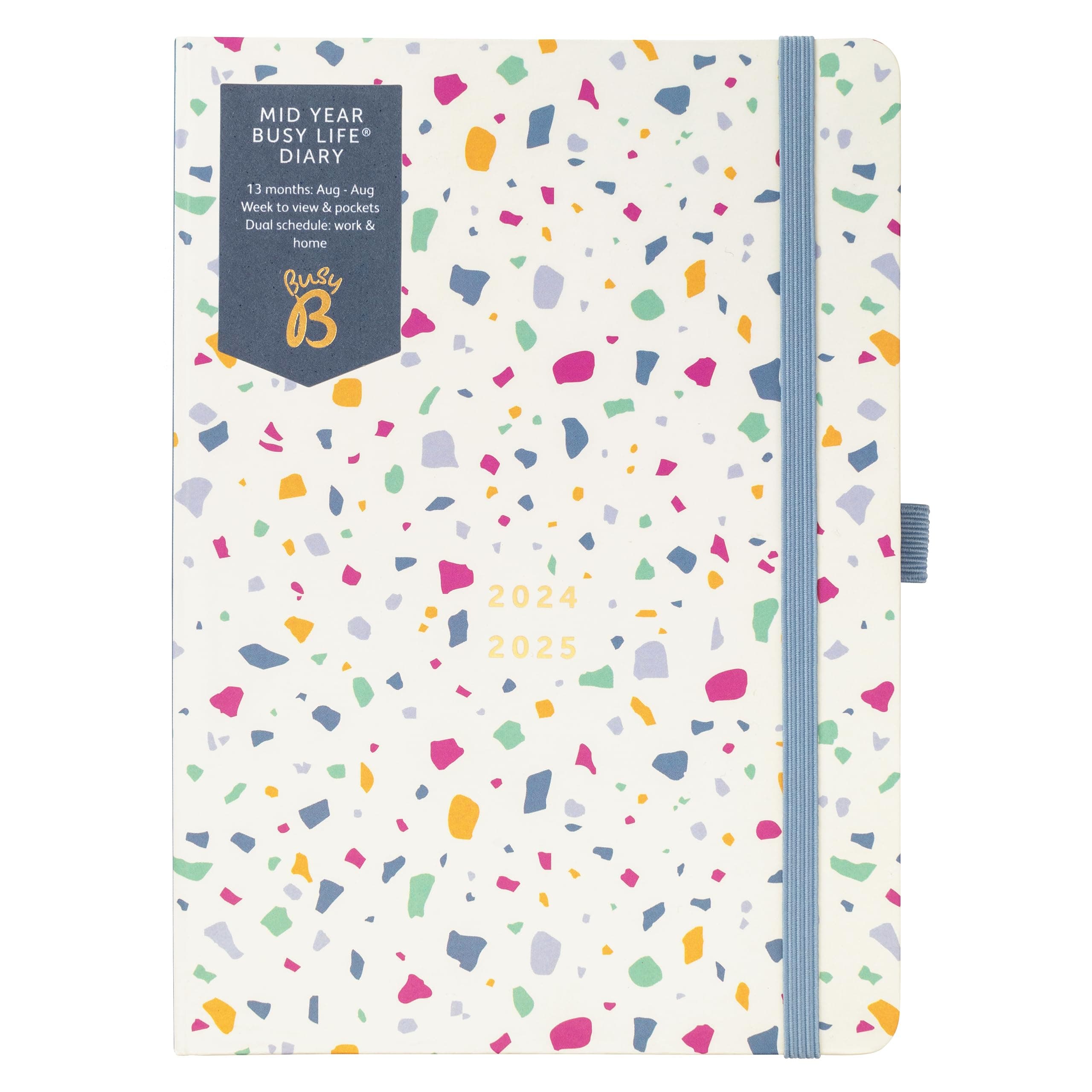 Busy B Mid Year Busy Life Diary August 2024 - August 2025. Terrazzo Academic Diary 2024-2025 Bag Size Week to view Planner with Pen Holder, Elastic Closure and Storage Pockets