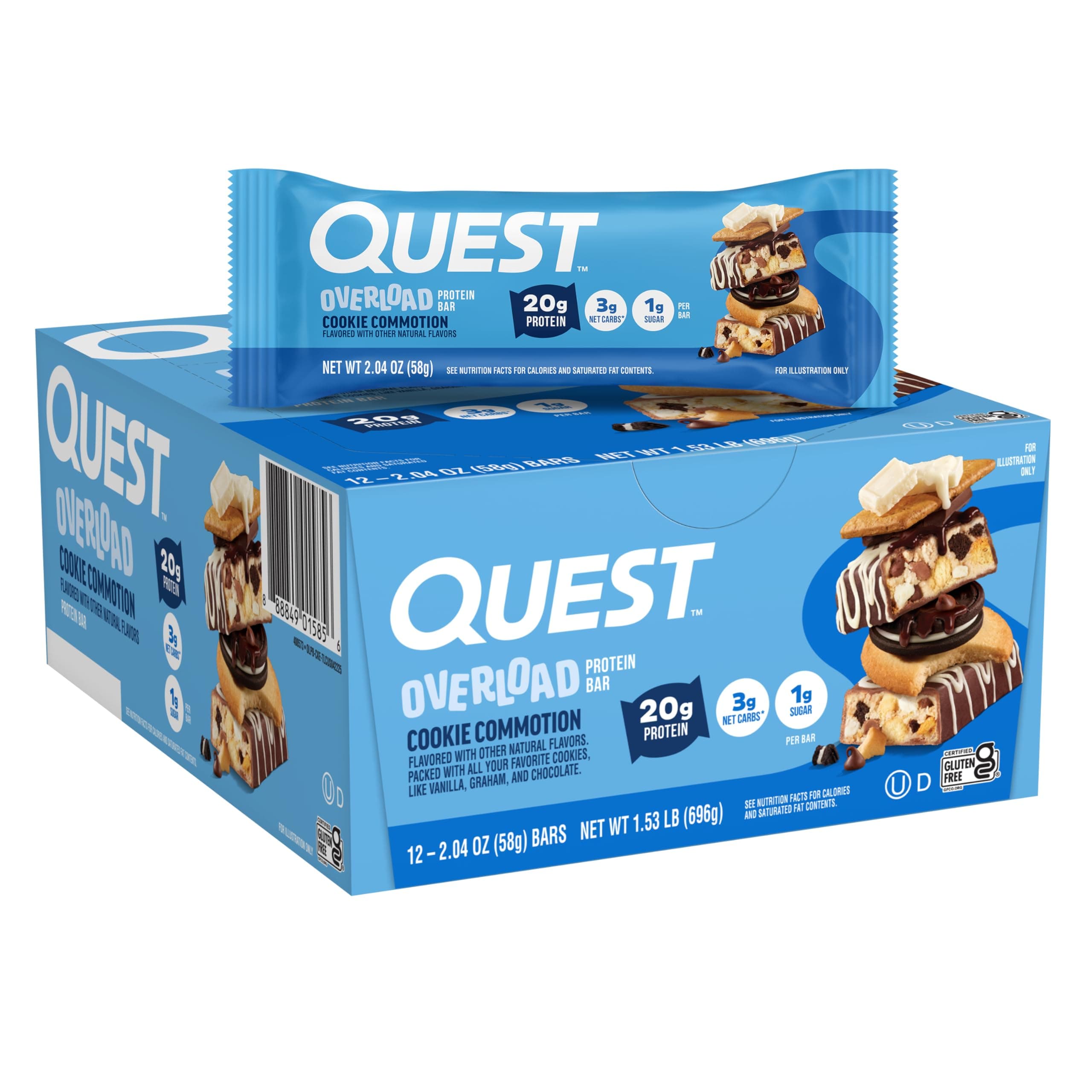 Nutrition Overload Protein Bars, Cookie Commotion, 20g Protein, 1g Sugar, 3g Net Carbs, Gluten Free, 12 Count