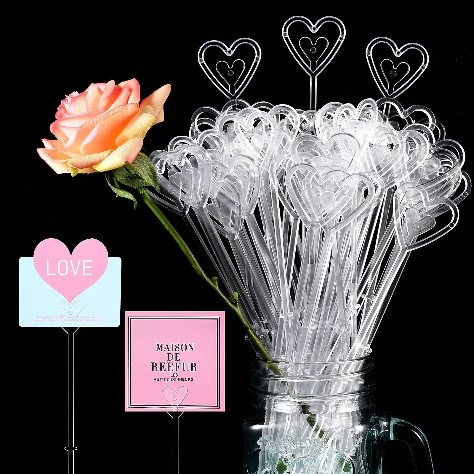 Nitial 100 Pcs Plastic Heart Shape Floral Picks Card Holders for Wedding Bouquet Birthday Party Decorations 9.4 Inch