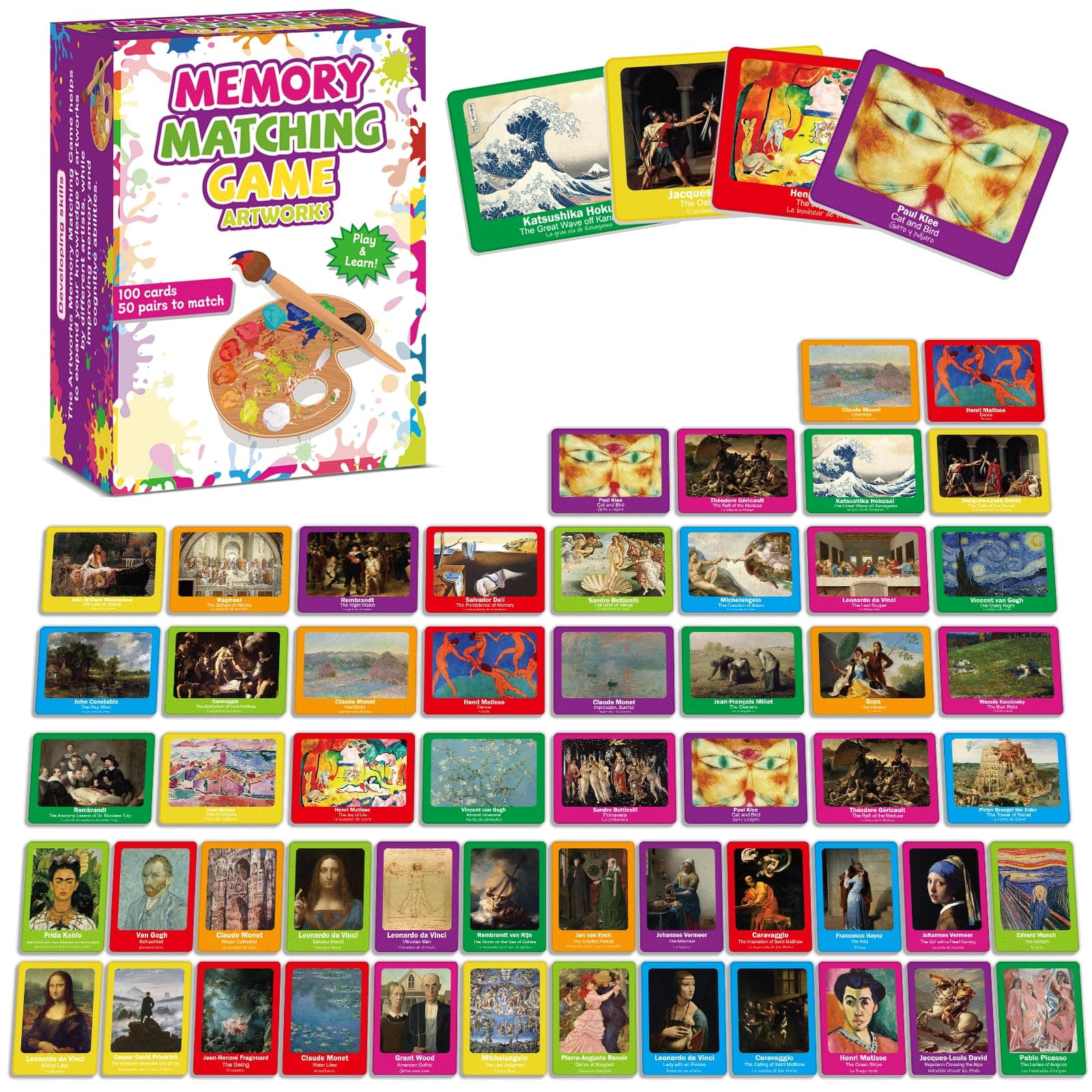 gisgfim 50 Pairs Memory Matching Game Famous Paintings Concentration Memory Matching Games Educational Matching Game Fun & Fast Artworks Memory Game Gift for Adults Learning