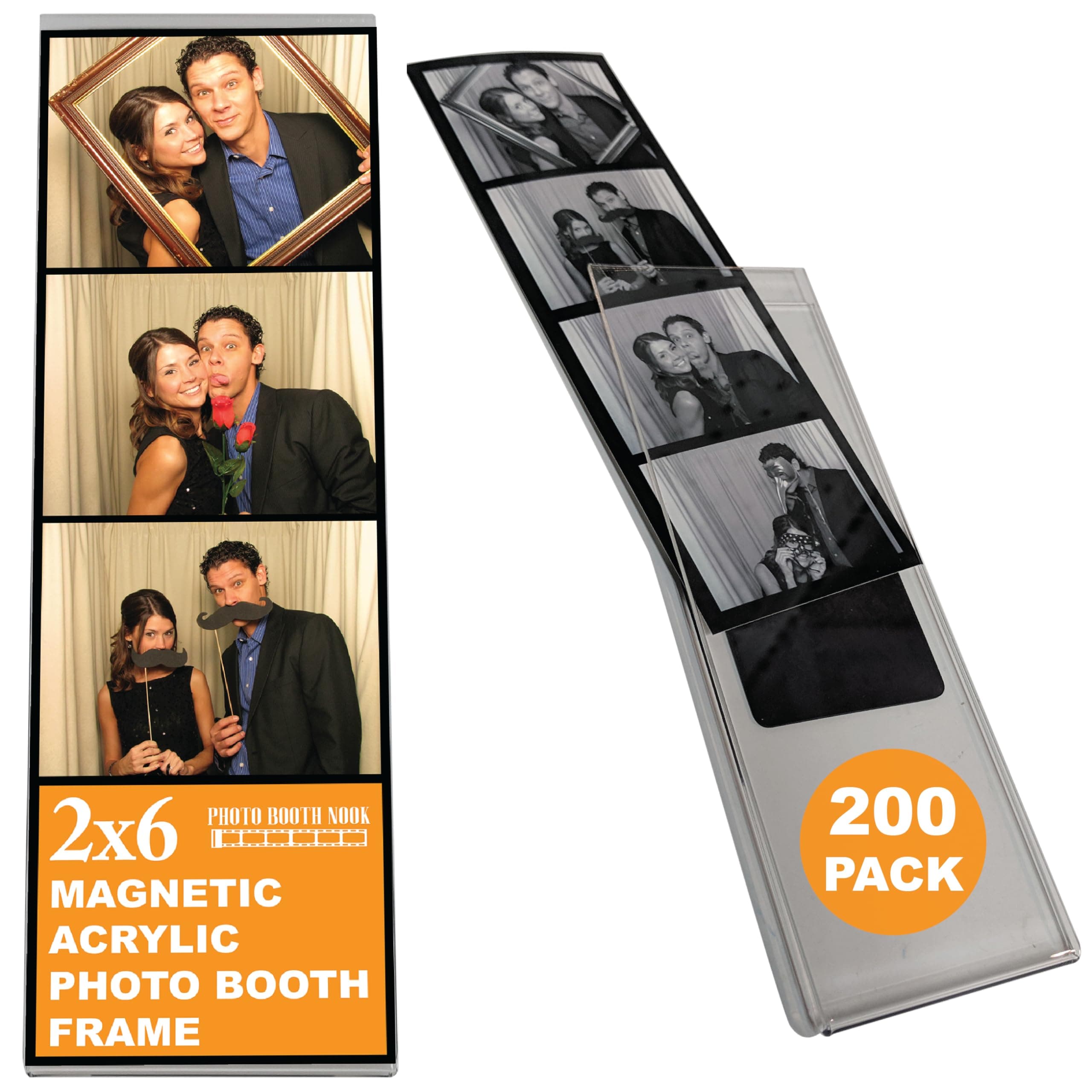 (200 pack) PHOTO BOOTH NOOK 2X6 Acrylic Magnetic Frames with Inserts for Photobooth Strips, Refrigerator and Locker Magnet Picture Frame for Wedding, Grad Party, Baby Shower Display- Vertical