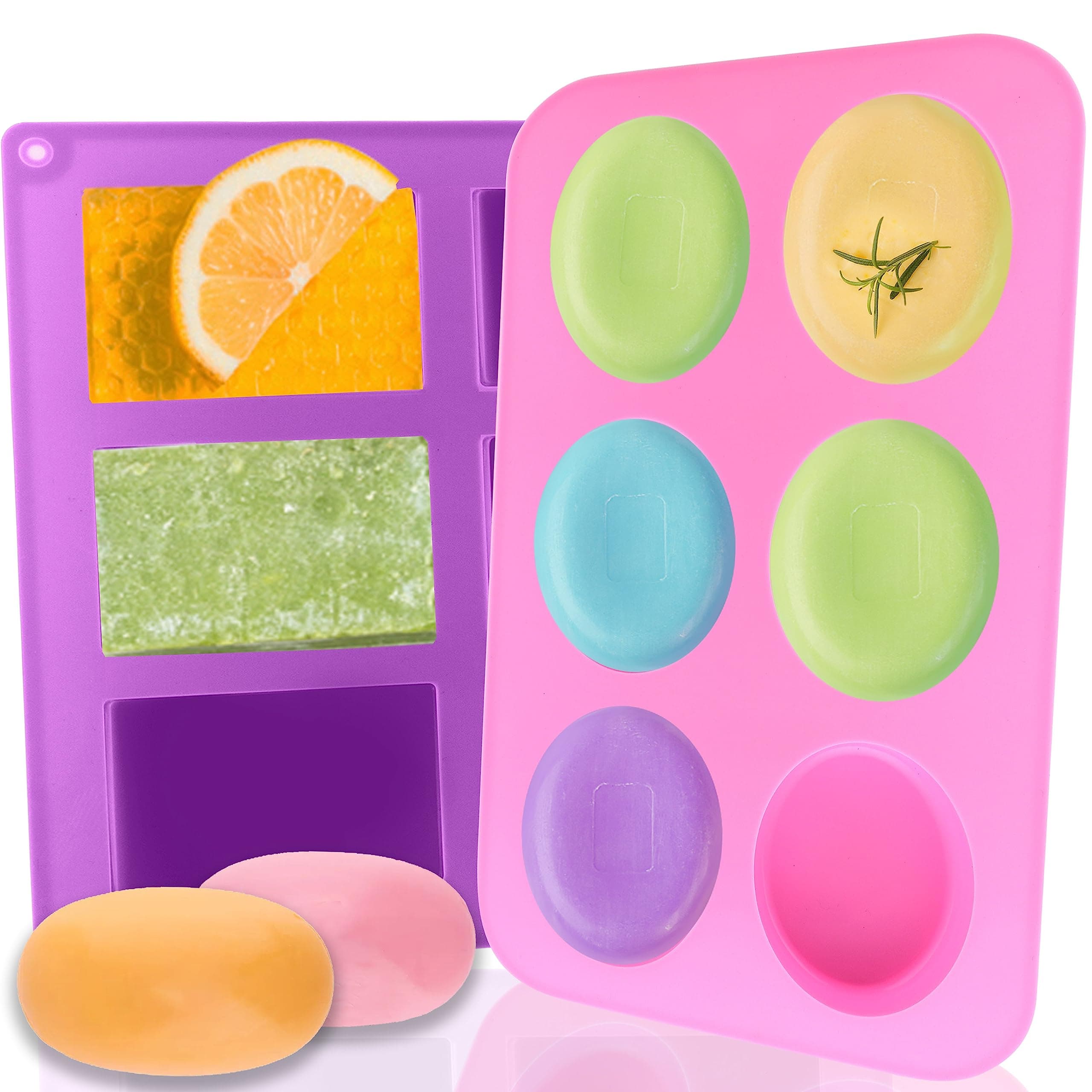 Lerykin Silicone Soap Molds, Oval & Rectangle Soap Bar Mold, 6 Cavities DIY Mould for Homemade Craft Soap, Pudding, Muffin, Chocolate, Brownie, Cornbread, Cheesecake, Cake & Ice Cube - Just Pop Out