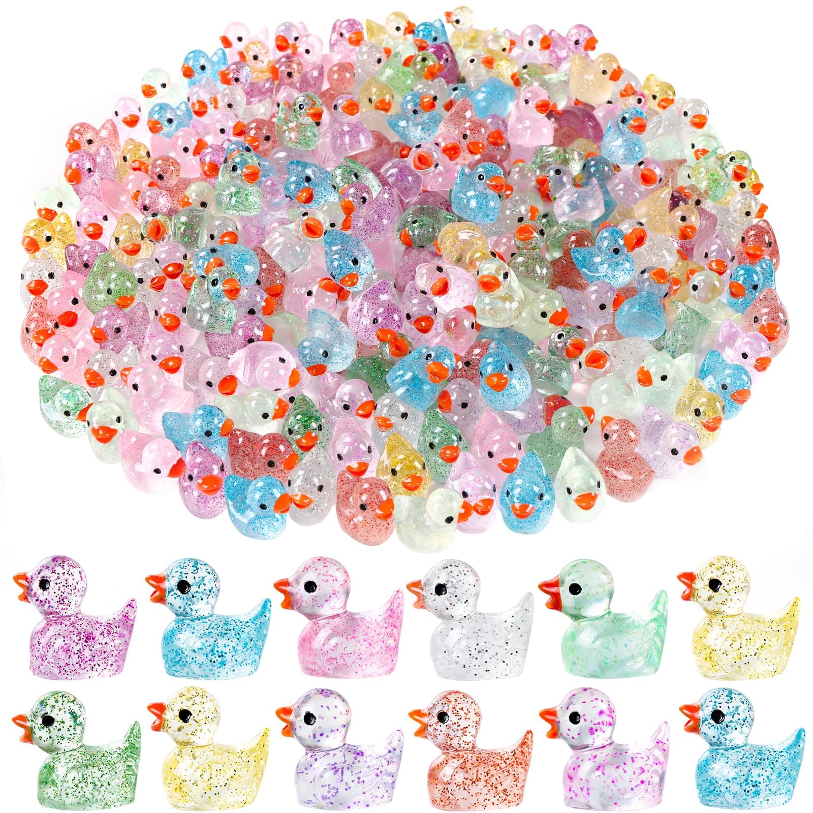 DULEFUN 100pcs Mini Glitter Ducks Colorful Tiny Small Little Resin Ducks to Hide Plastic Animal Figures for for Dollhouse Micro Dollhouse Landscape Aquarium Decorations