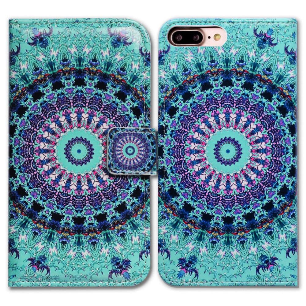 iPhone 7 Plus Case, Bfun iPhone 7 Plus Case, iPhone 8 Plus Case, Bcov Green Mandala Design Leather Flip Wallet Case Phone Cover with Card Slot Holder Kickstand for iPhone 8 Plus / 7 Plus