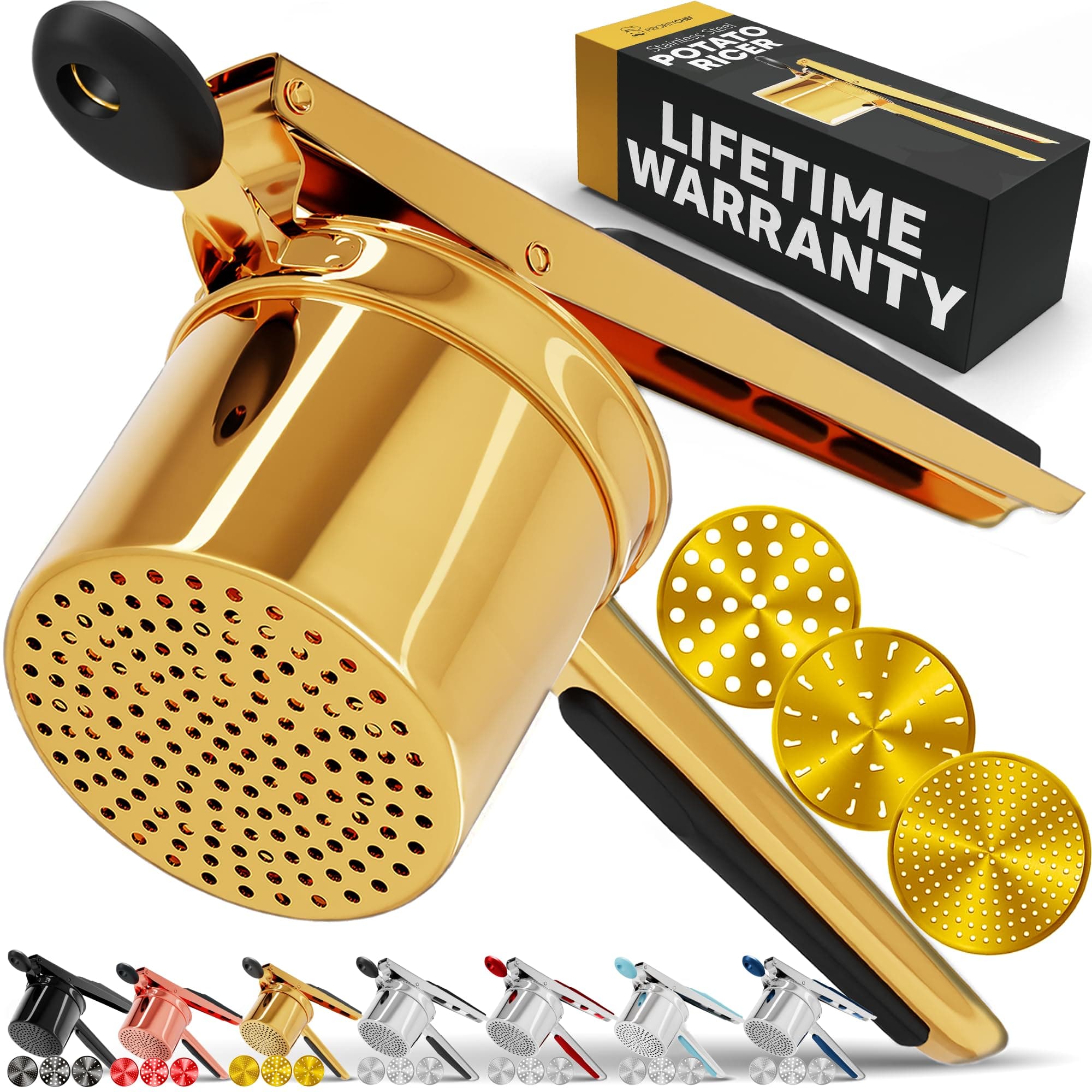 PriorityChef Large 15oz Potato Ricer With 3 Discs, Heavy Duty Stainless Steel Potato Ricer for Mashed Potatoes, Potato Masher, Press and Ricer Kitchen Tool, Gold Steel Black Silicone