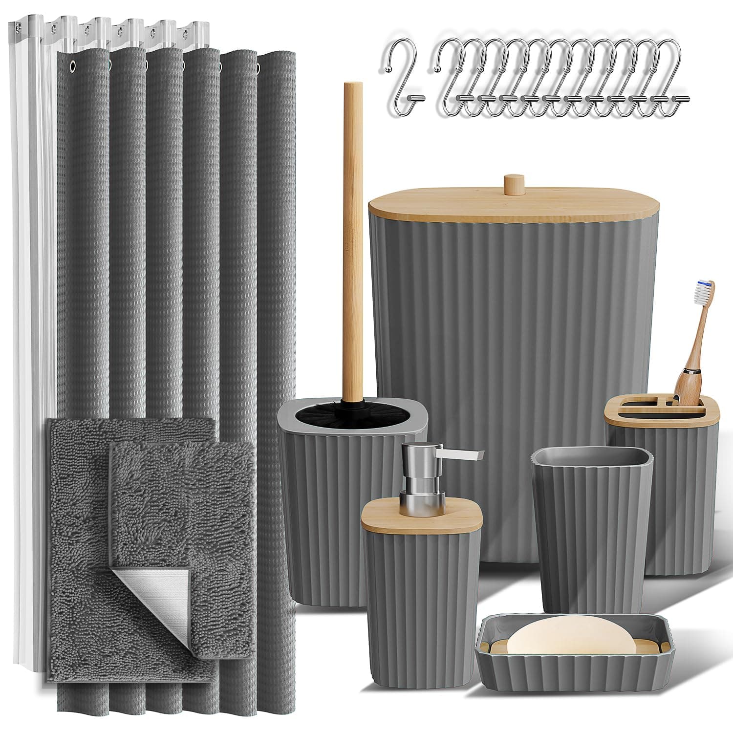 Clara Clark Bathroom Accessories Set - Bathroom Set, Bathroom Sets with Shower Curtain and Rugs, Shower Curtain Set with Bathroom Trash Can - Grey - 22PC