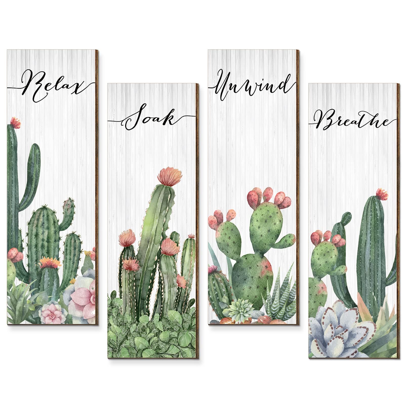 4 Pieces Cactus Wall Decor Relax Soak Unwind Breathe Bathroom Wall Decor Wooden Cactus Wall Sign Hanging Bathroom Wall Art Decor for Farmhouse Bathroom Spa Washroom Home Accent, 11 x 3.5 Inch