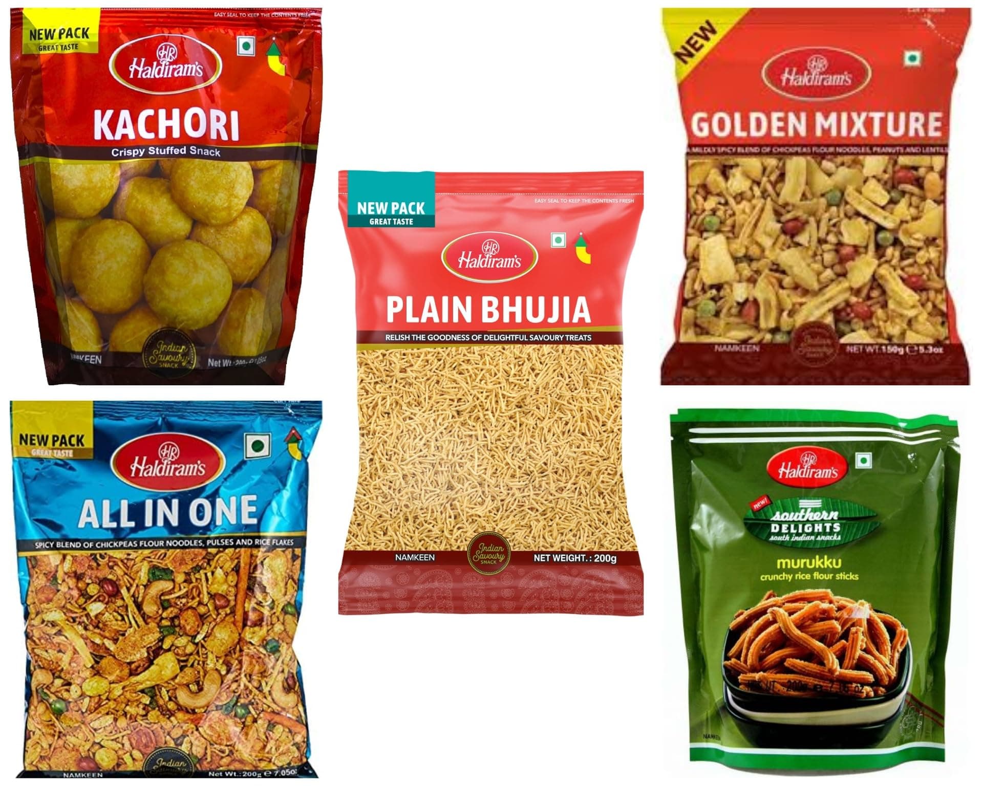 Haldiram's Snack Bundle Pack - Kachori, All in One, Plain Bhujia, Murukku, Golden Mix | Traditional Indian Savory Snacks Assortment | 5 Pack (200g Each) | Perfect for Festive Seasons | Great Gift Idea