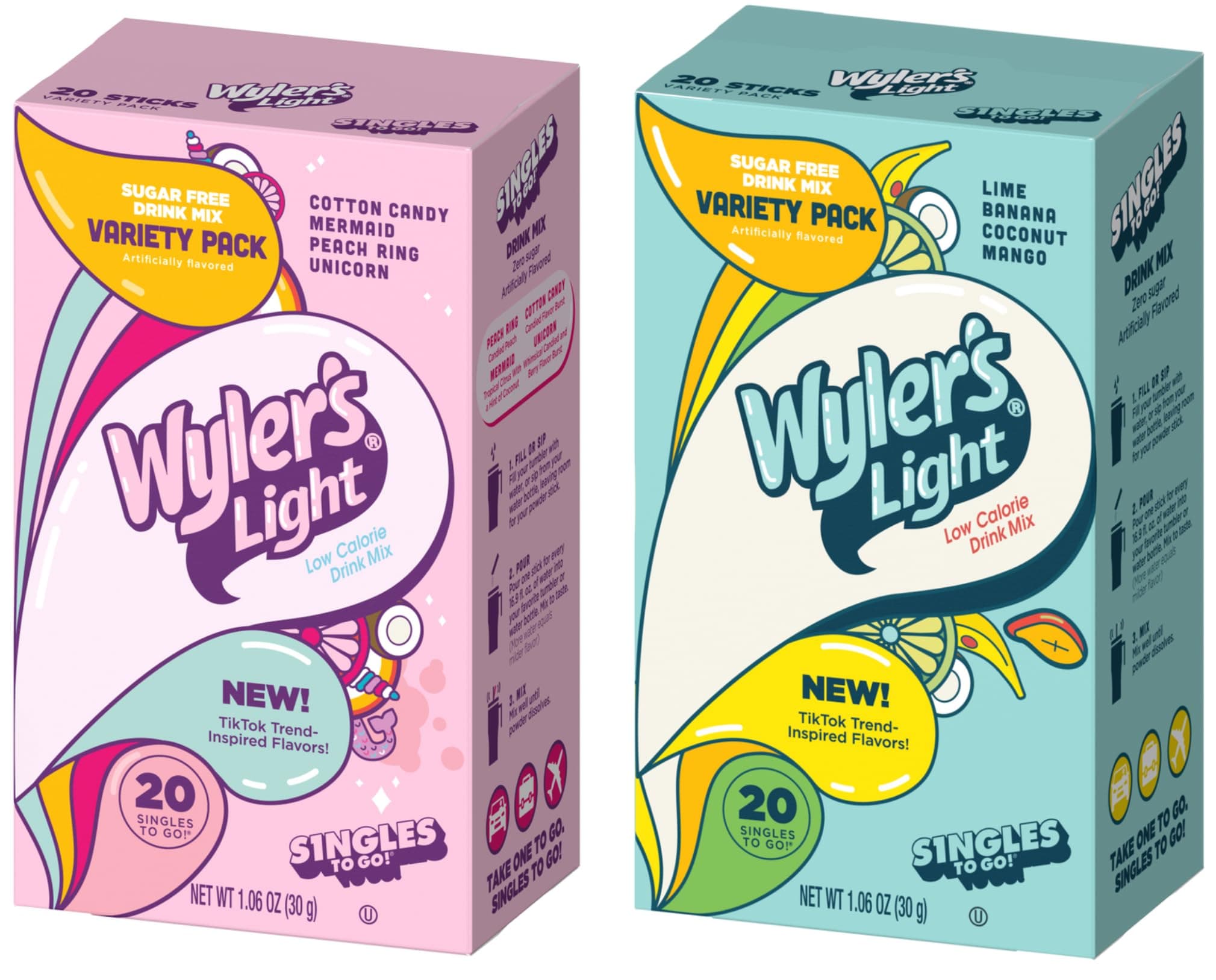 SINGLES TO GO! Wyler'S Light Tiktok Bundle Variety Pack - 2 Pack - Pink Variable Pack & Blue Variable Pack - 20 Packs Per Box - Trend Inspired Flavors - Mix