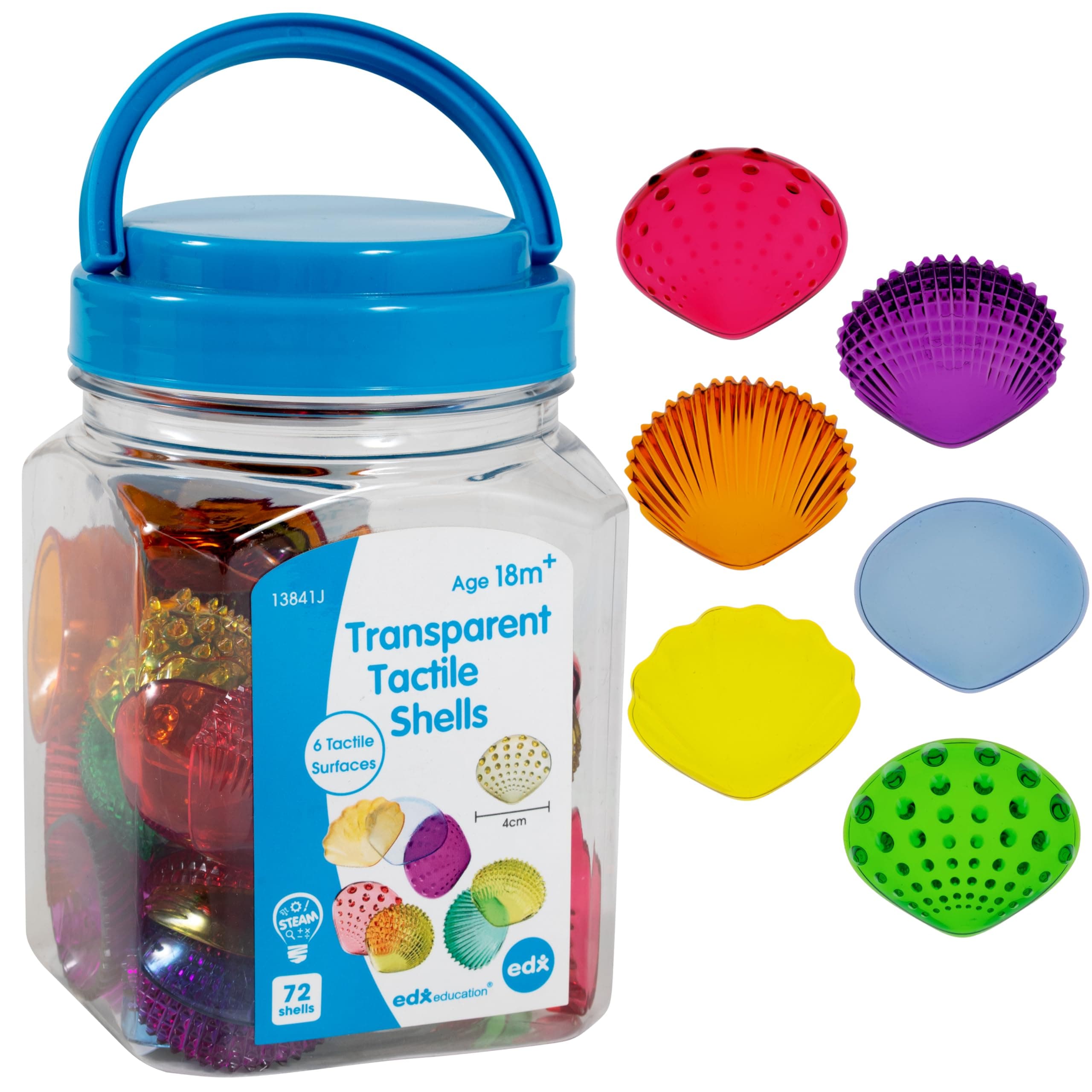 edxeducation Tactile Shells | Set of 72 | Translucent | 6 Textures and Colors | Ages 18m+ | Explore Early STEM Concepts | Light Table and Sensory Bin Toys