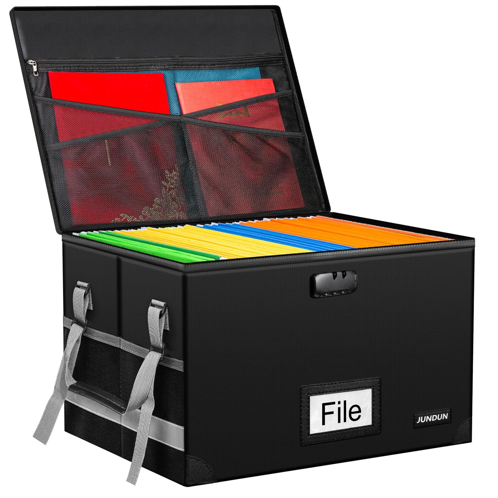 JUNDUN File Box, Fireproof File Organizer Box with Lid,Collapsible Document Storage Filing Box with Handle,Portable Safe Storage Box Cabinet for Office Home,Hanging Letter Size Legal Folder