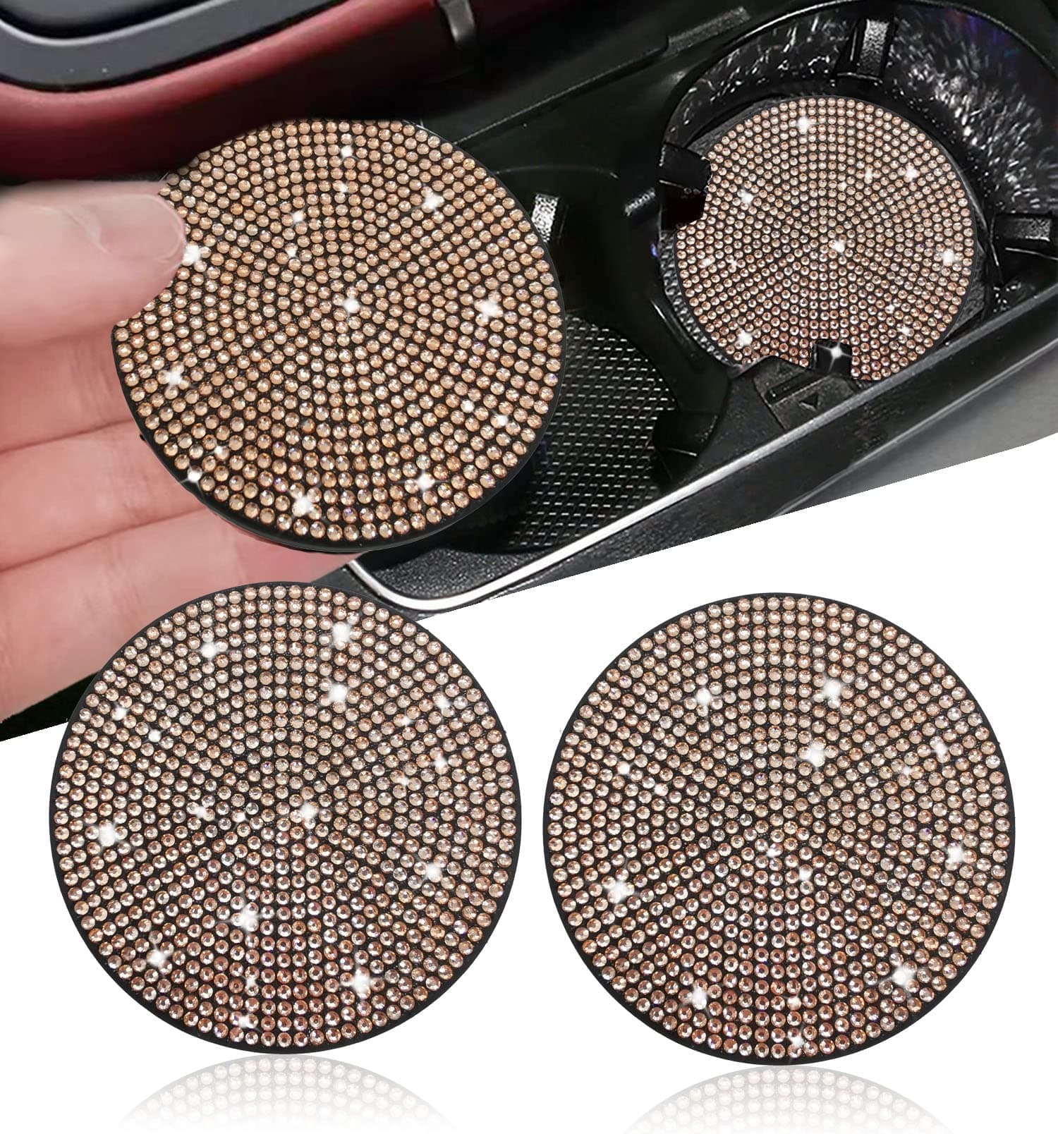 NBTEPEM 2pcs Bling Car Cup Holder Coaster, 2.75 inch Anti-Slip Shockproof Universal Fashion Car Coasters Insert Bling Crystal Rhinestone Automotive Interior Accessories for Women (2 pcs, Champagne)