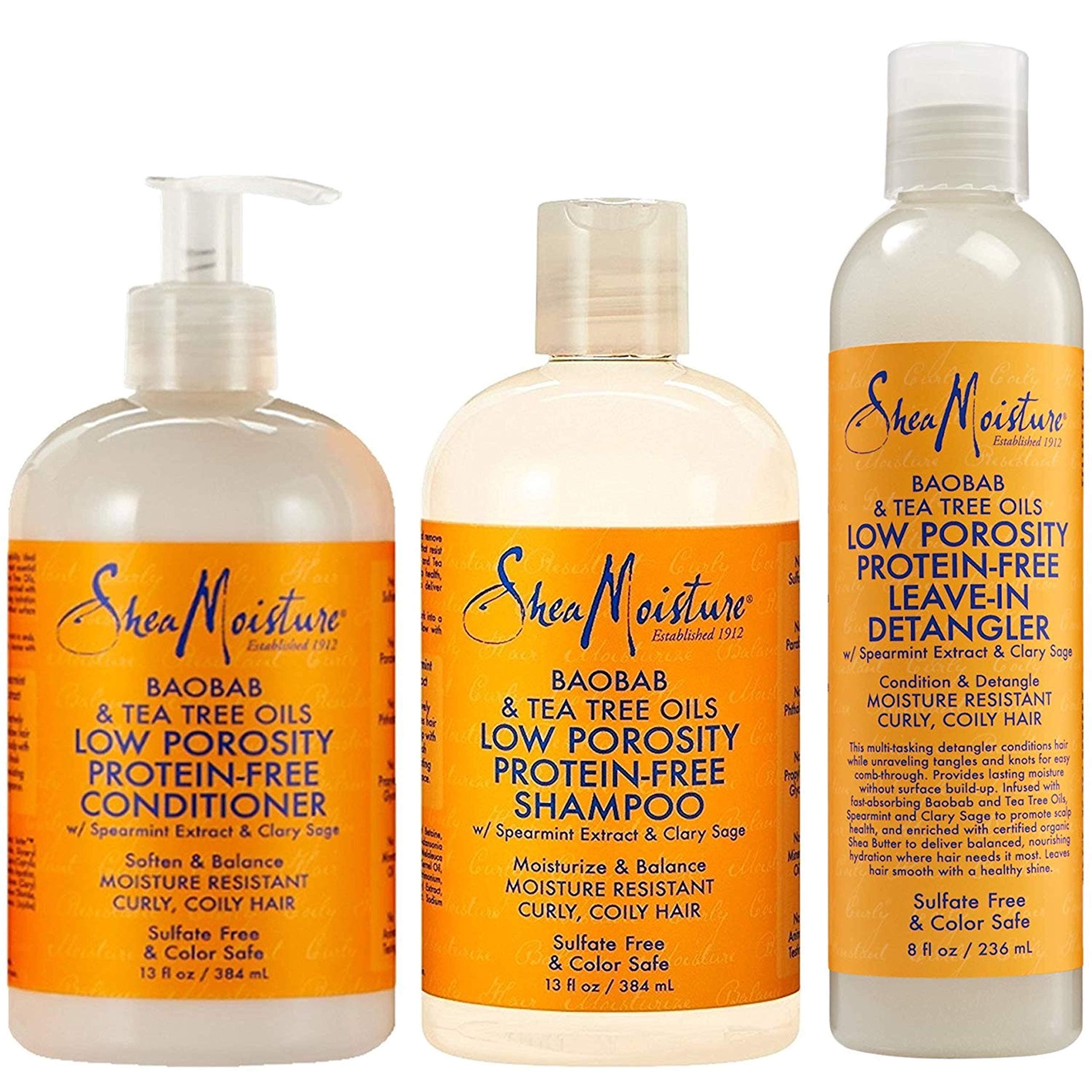 Shea Moisture Baobab & Tea Tree Oils Bundle | Low Porosity Protein-Free Leave-In Detangler 8 Oz, Conditioner For 13 Oz Shampoo