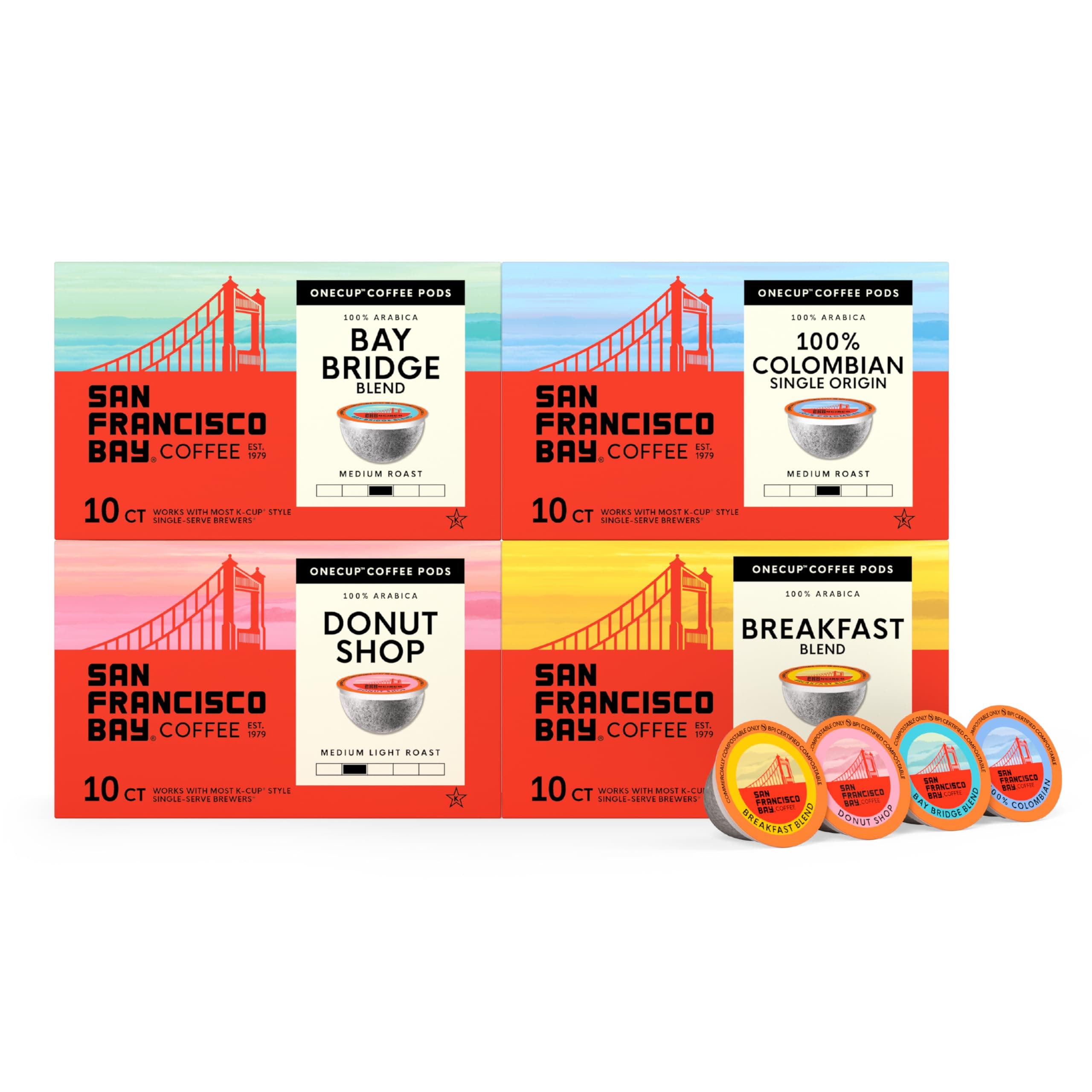 San Francisco Bay Compostable Coffee Pods - Variety Pack Medium Roast (40 Ct) K Cup Compatible including Keurig 2.0, Colombian, Breakfast, Organic Rainforest, Donut Shop