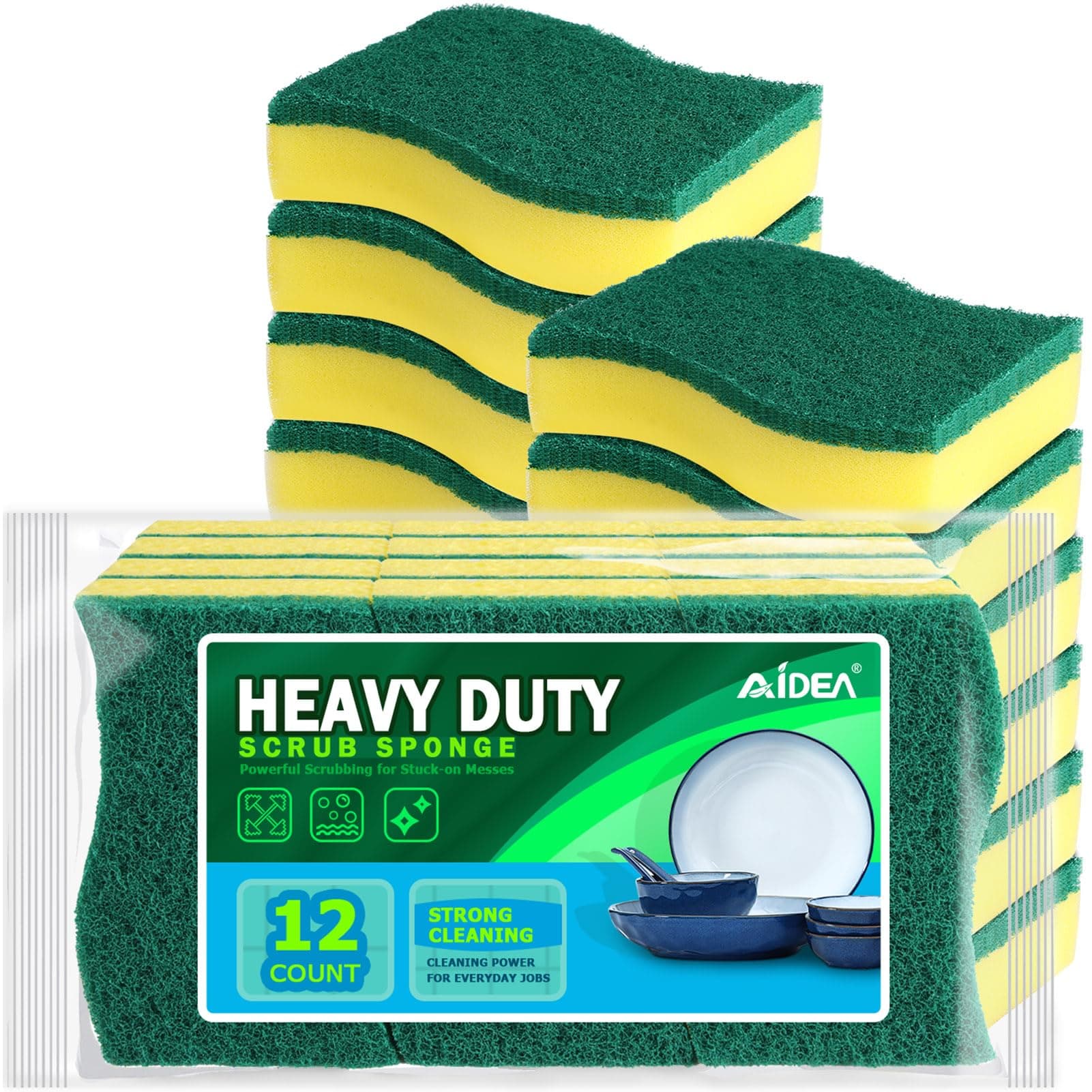 AIDEA Heavy Duty Scrub Sponge,Cleaning Scrub Sponge,Stink Free Sponge,Effortless Cleaning Eco Scrub Pads for Dishes,Pots,Pans All at Once,Size: 4.3"x 3.12" x 1.2"â€â€12 Count