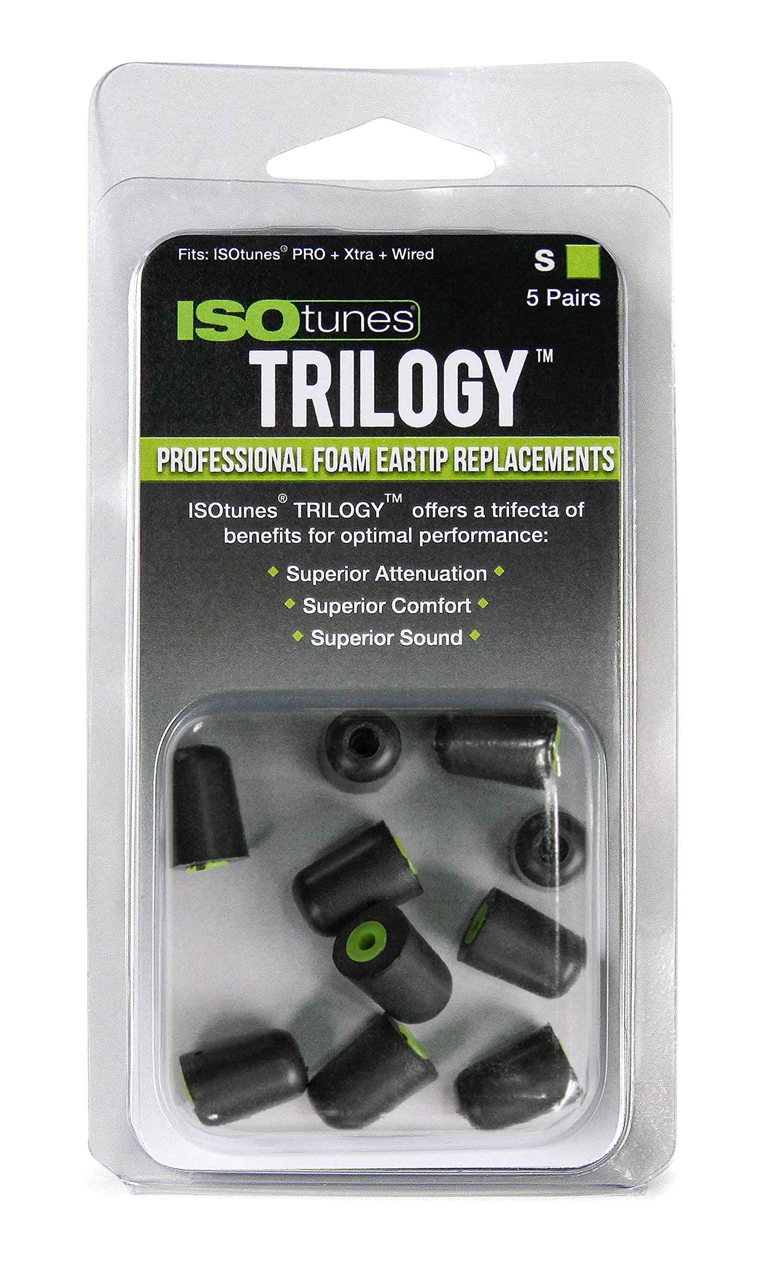 ISOtunes Trilogy™ Foam Replacement Eartips for ISOtunes PRO, Xtra, Wired (5 Pair Pack) (Small, Green)