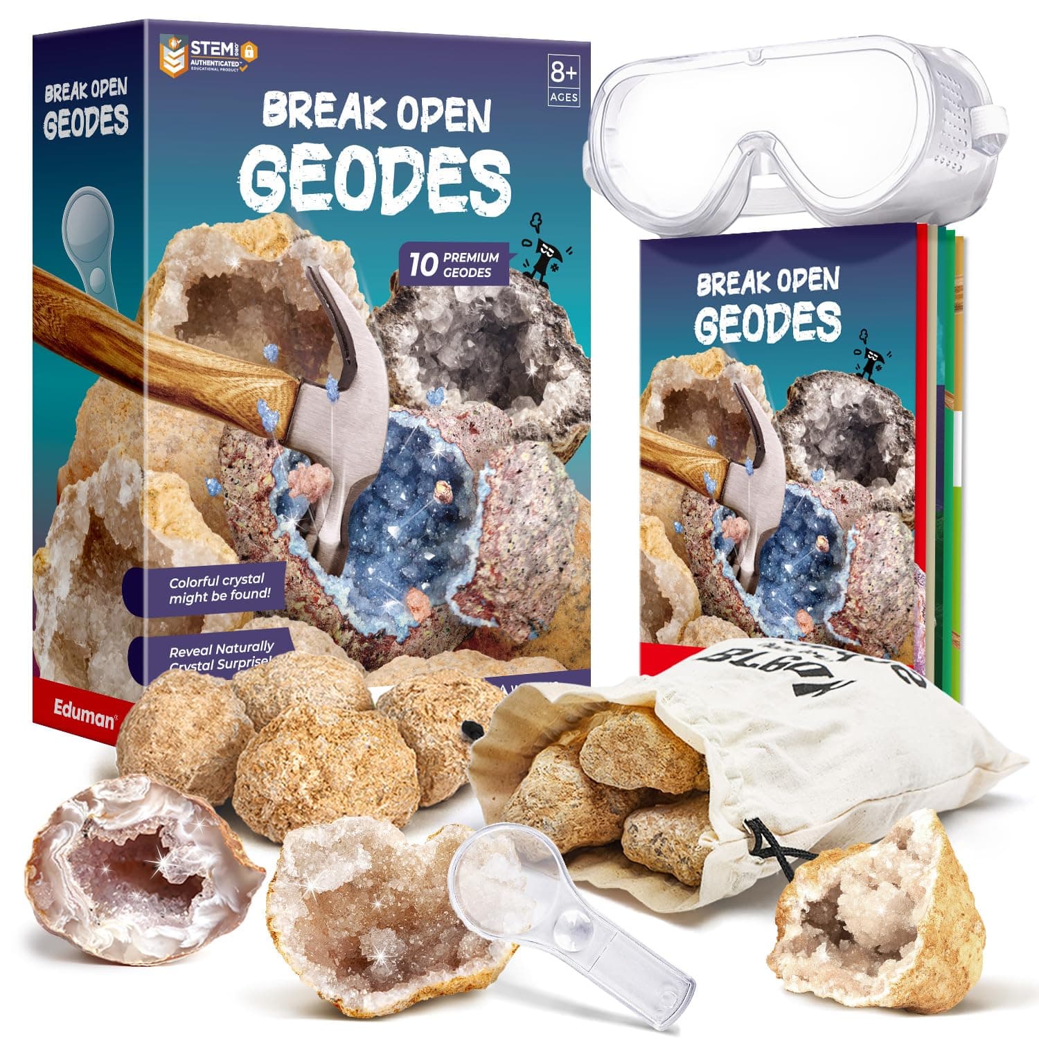 EDUMANBreak Open 10 Premium Geodes with Crystals - STEM Educational Geology Science Kit, Real Crystal Geodes Kits for Toys Gifts Kids Boys & Girls