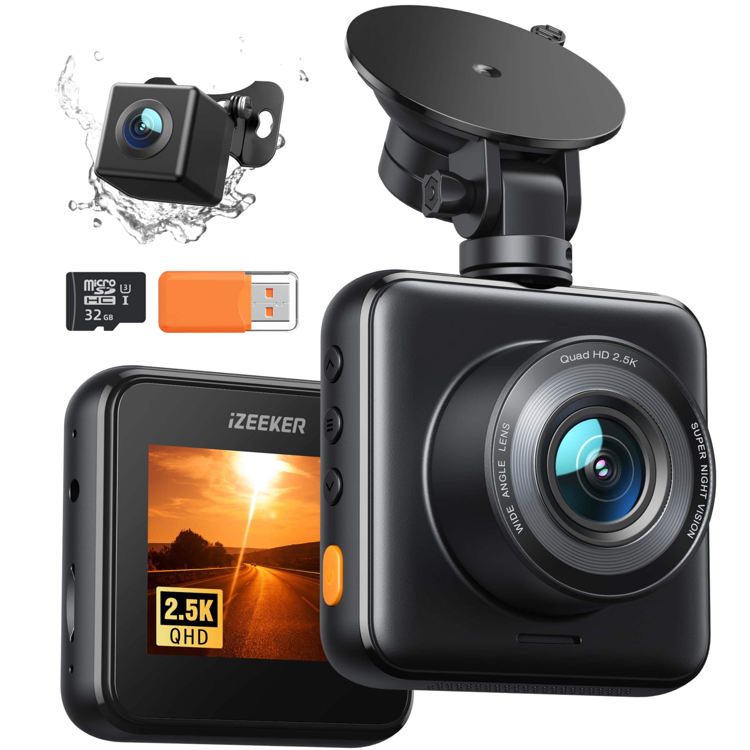 iZEEKER 2.5K Dashcam, Double Dash Cam Car with 32GB SD Card, 1440P Mini Camera Car Recorder, Front and Rear Car Camera, 170° Wide Angle, G-Sensor, Night Vision, WDR