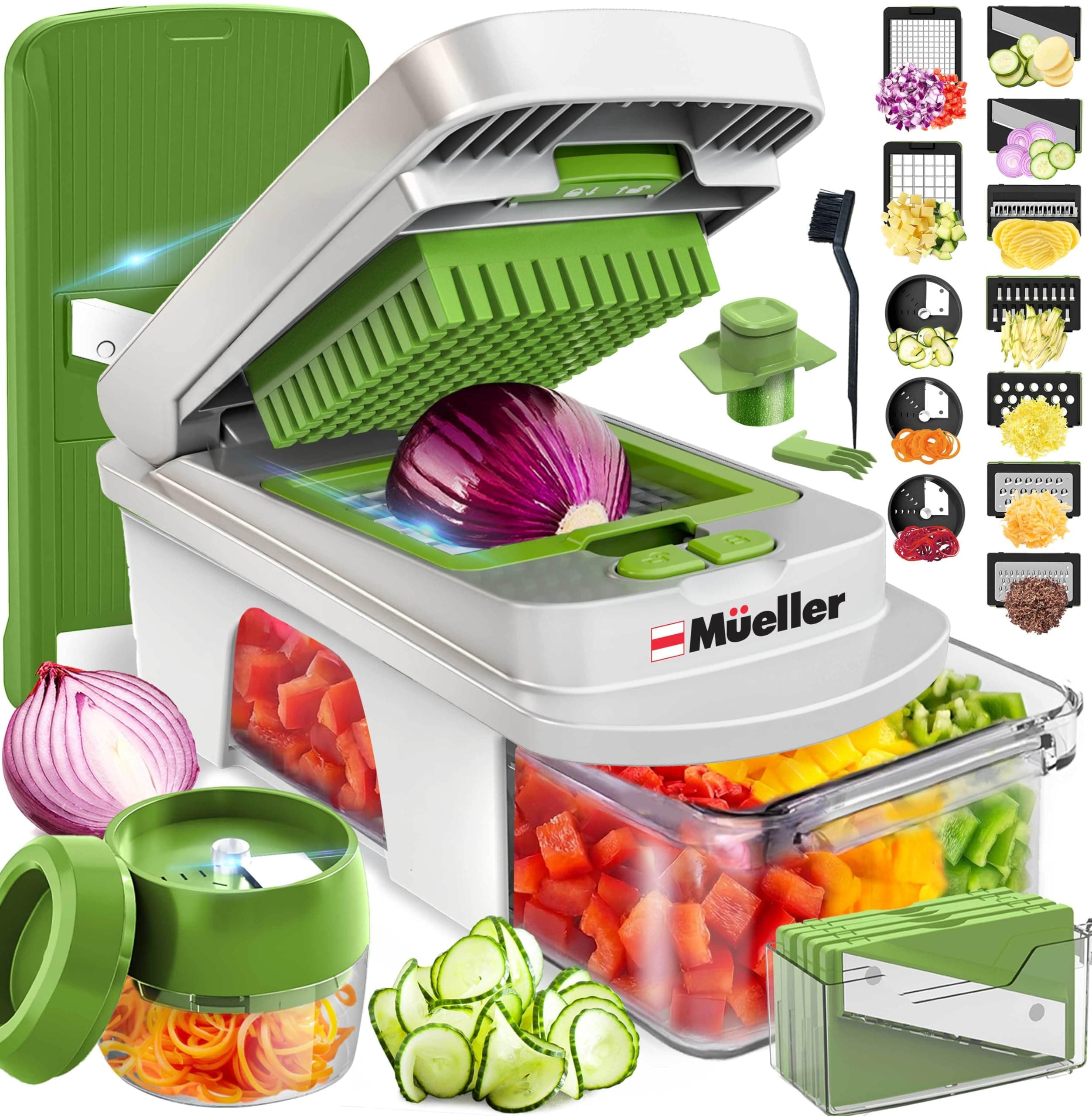 Mueller Pro-Series All-in-One, 12 Blade Mandoline Slicer for Kitchen, Food Chopper, Cucumber Slicer and Spiralizer, Cutter, Dicer, Grater, Gifts for Mom, Kitchen Essentials, White Sand/Green