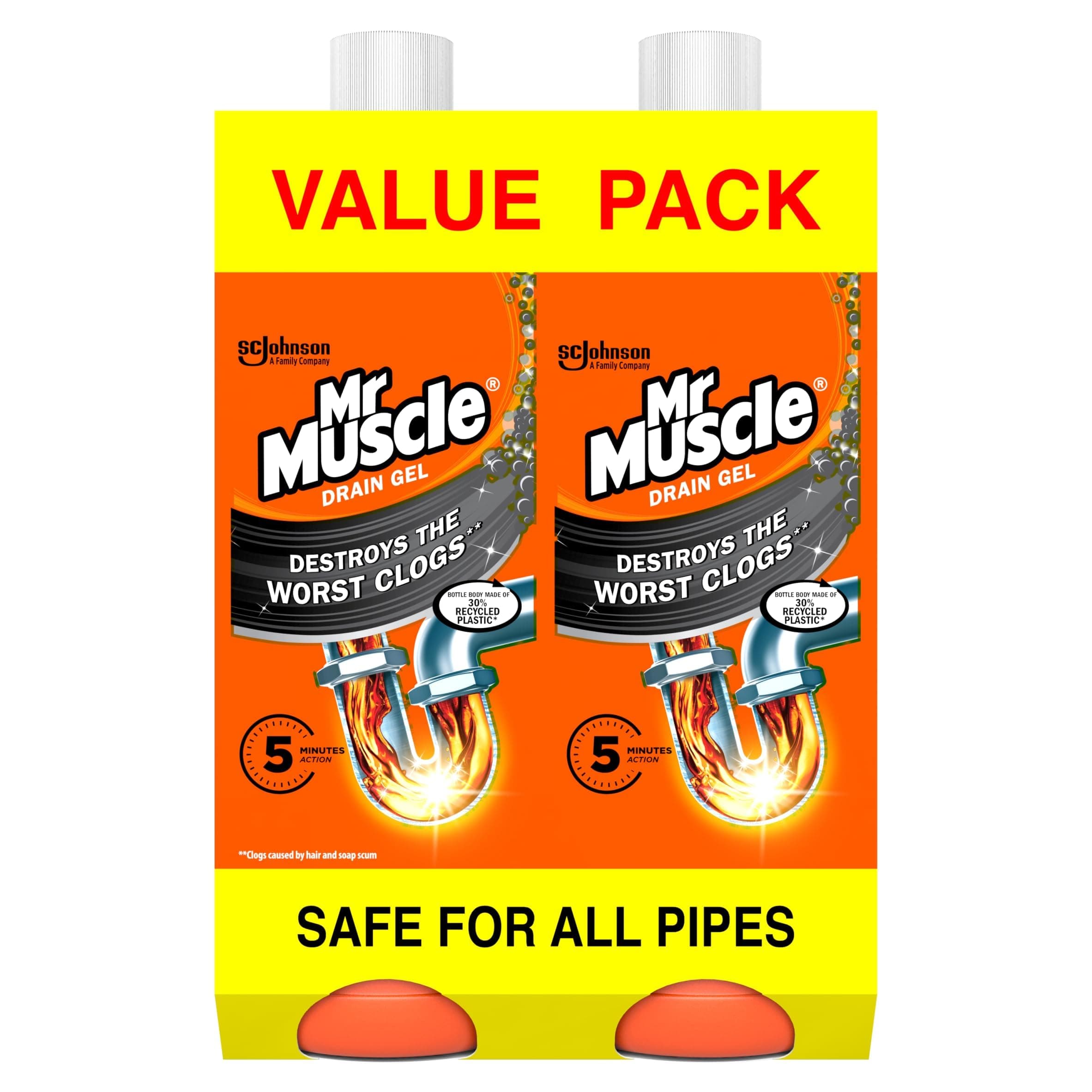 Mr Muscle Drain Unblocker, Sink & Drain Cleaner (2 x 1L) Fast Acting Heavy Duty Drain Gel, Dissolves Clogs, Works 3x Better Than Bleach, Safe for All Pipes, Duo Pack