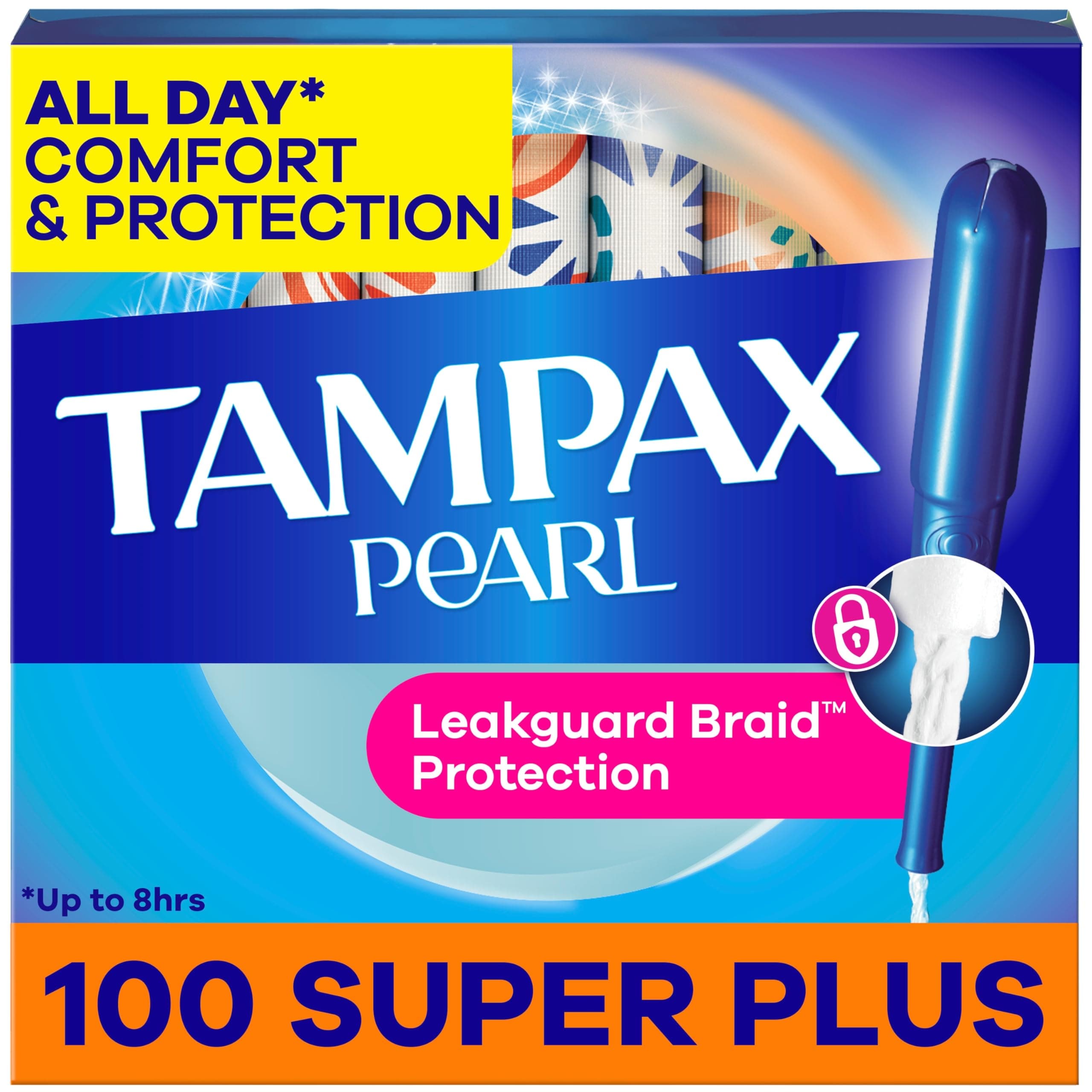 Tampax Pearl Tampons Super Plus Absorbency, With Leakguard Braid, Unscented, 50 Count x 2 Packs (100 Count total)