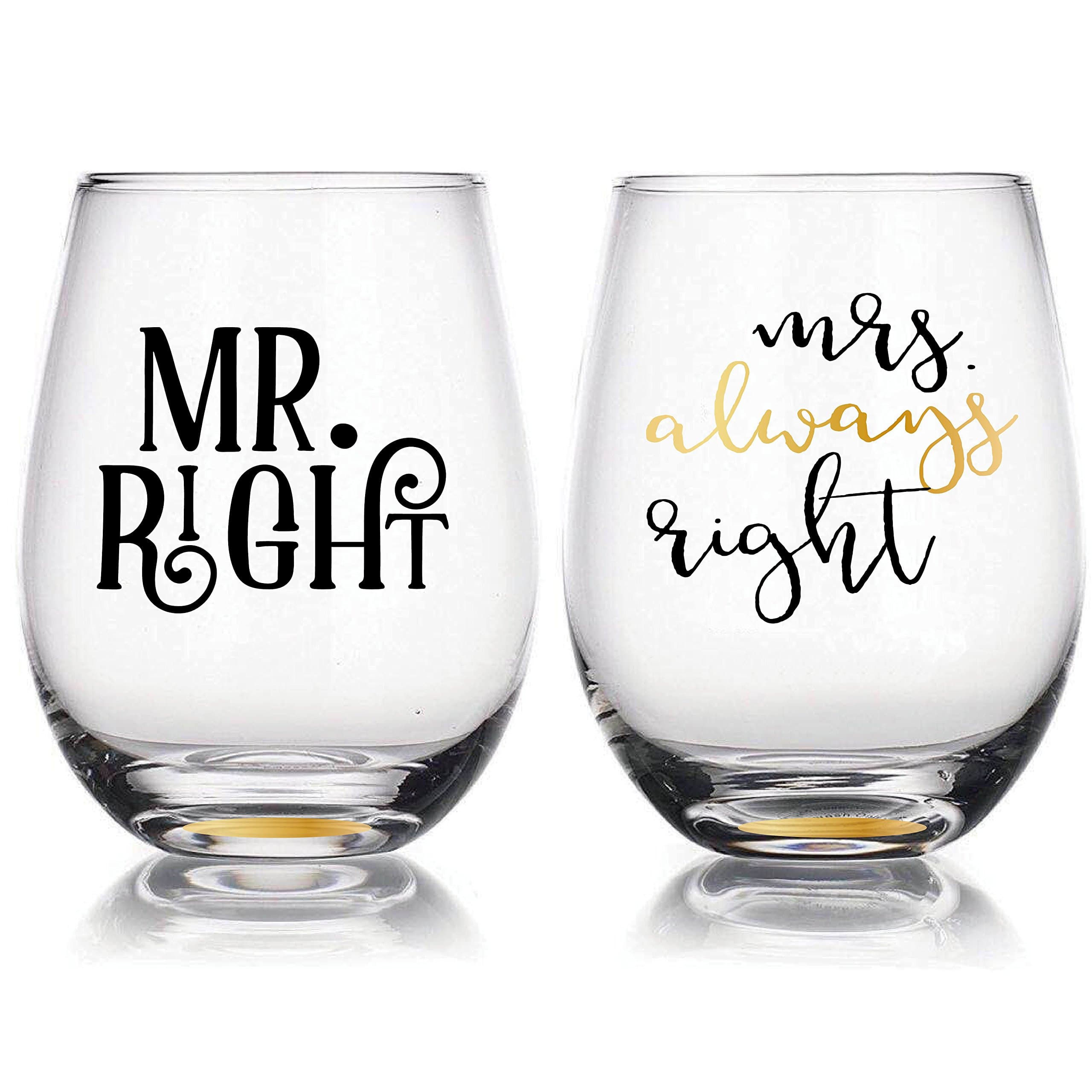 Mr Right & Mrs Always Right" - 22oz Stemless Wine Glasses Set of 2, Gift for Wedding Married Couple, for Engagement Gag Gifts