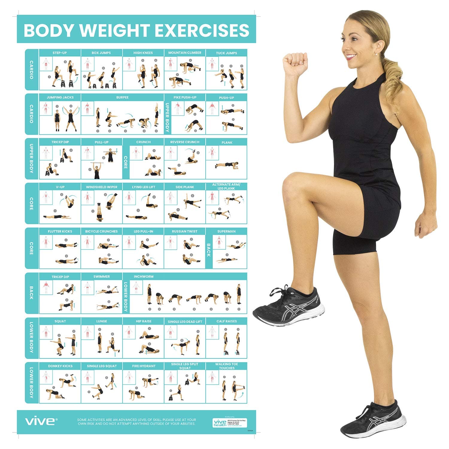 Body Weight Exercise Poster - Workout for Home Gym Laminated Chart - Room Decor Accessories - HITT for Abs, Glute, Core, Legs, Arms, Back - No Equipment Needed - Artworkout, Physical Education