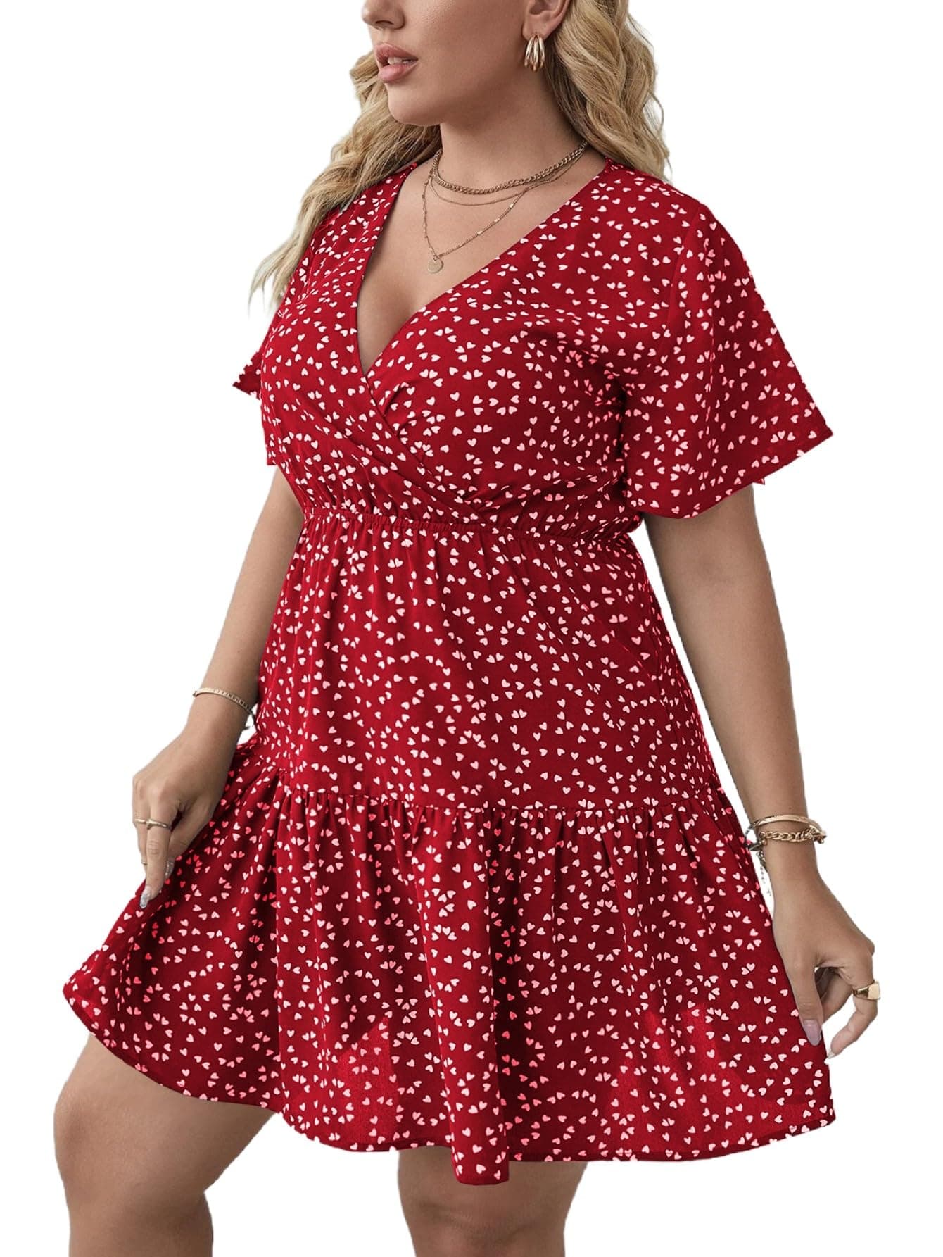 Women's Plus Size Summer Vacation Wrap V Neck Short Sleeve Ruffle Hem A Line Hawaiian Short Dress