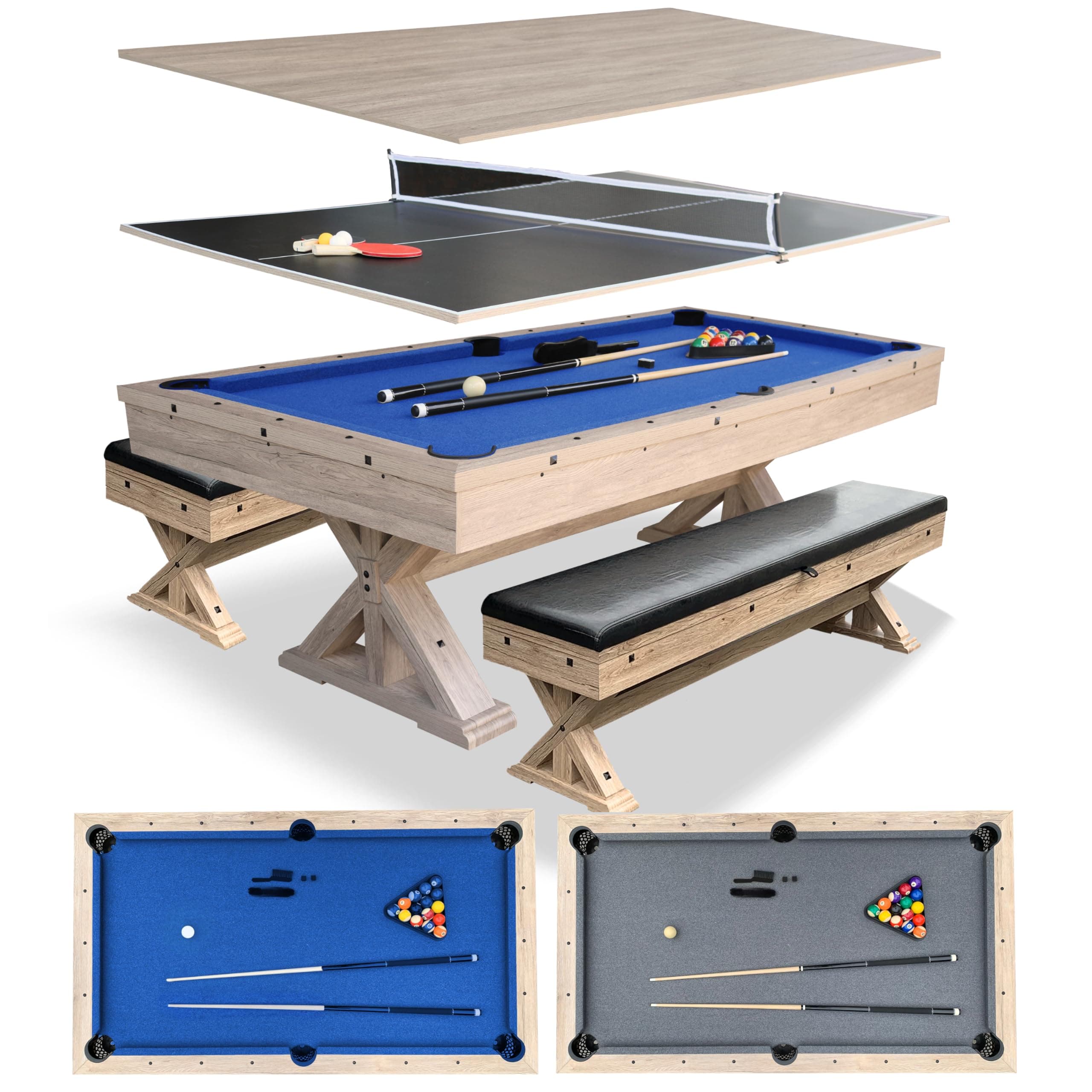 7 FT 3 in 1 Multi Game Pool Table with Dining Top Ping Pong Table Combo, Includes Pool Table Accessories and Tennis Paddles.