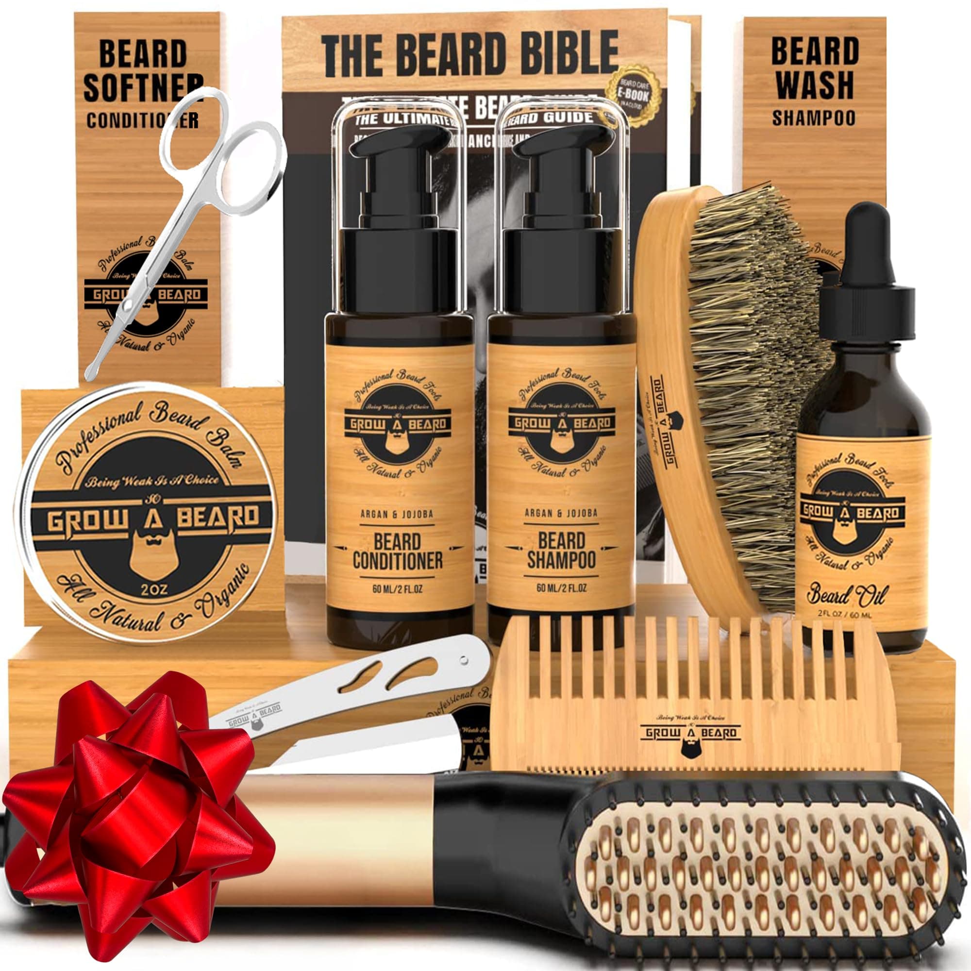 Beard Straightener Grooming Kit for Men, Beard Growth Kit, Wash, Brush & Comb, Unscented Growth Oil, All Natural Chanel Balm, Conditioner, Razor & Scissors, Great Gift Idea for Men's (Bamboo)
