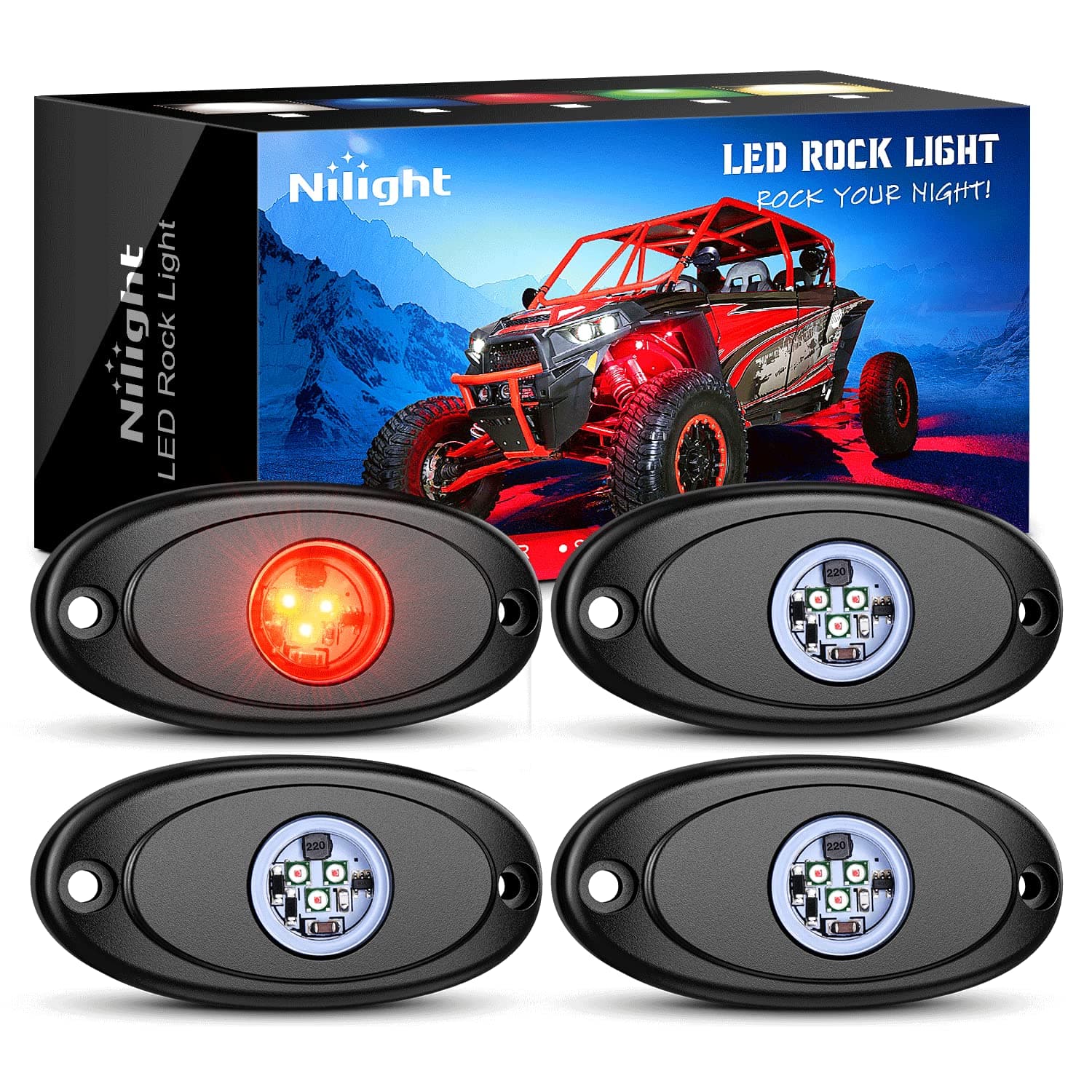 Led Rock Light 4Pcs Red Pods Waterproof Under Body Wheel Well Exterior Interior Lights For Car Truck Pickups Atv Utv Suv Motorcycle Boat, 2 Years Warranty