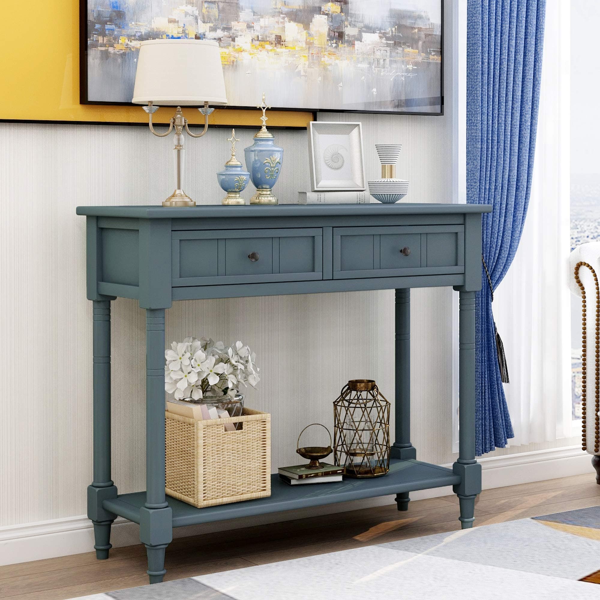 Merax Narrow Console Sofa Table with Drawers and Long Shelf for Living Room, Entryway/Hallway, Retro Navy