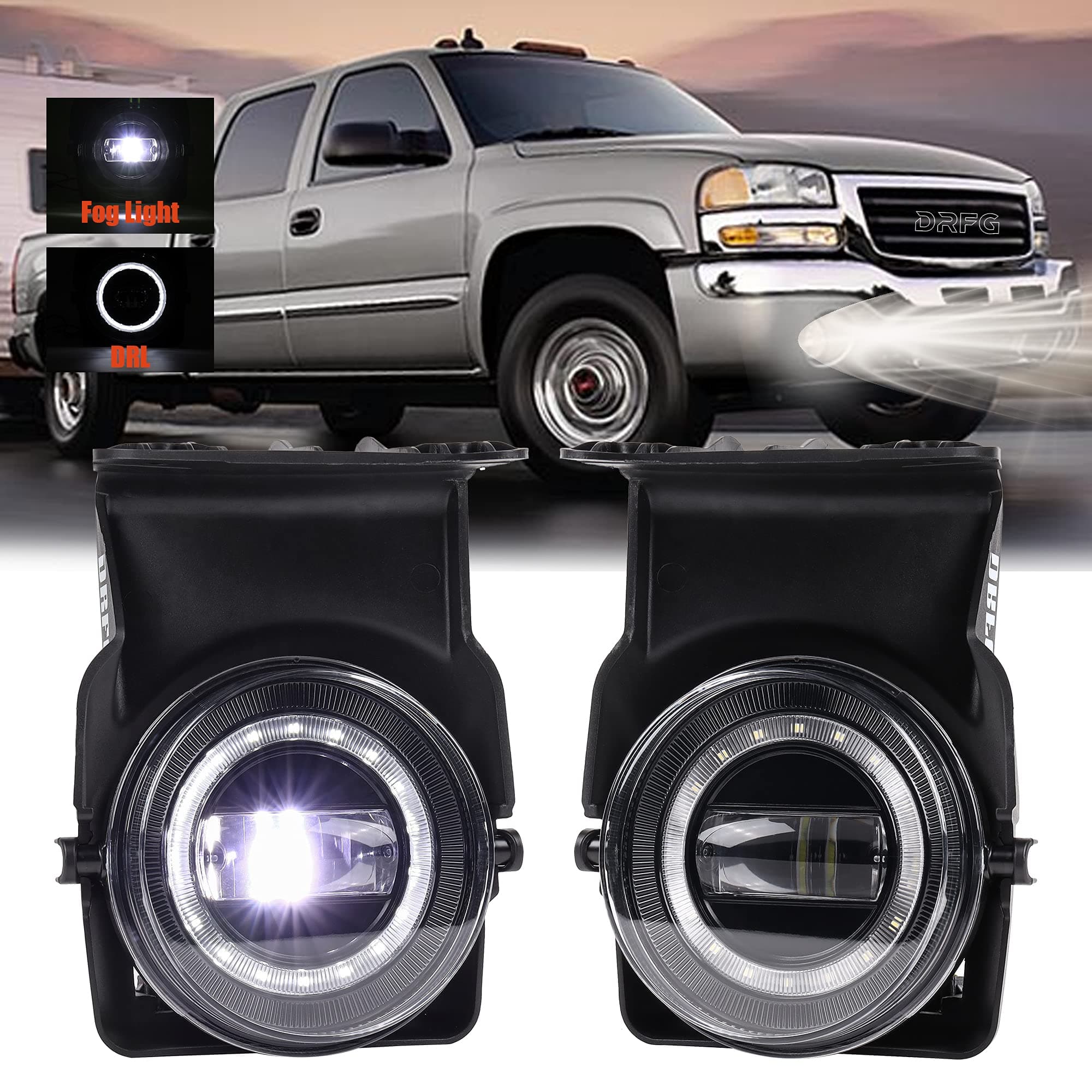 DRFG LED Fog Light with DRL Compatible for 2003-2006 GMC Sierra 1500 2500HD 3500HD Heavy Duty Pickup Bumper Fog Lights Lamps