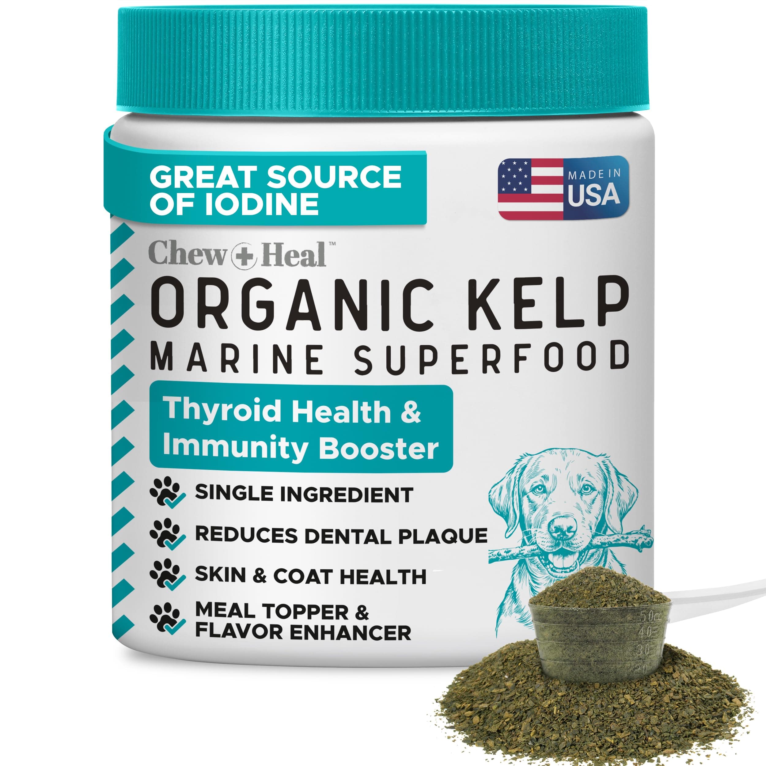 Kelp Supplement for Dogs – Natural Seaweed Powder for Thyroid Function, Dental Health, Immune Support, Skin & Coat – Iodine-Rich 115g (4oz) Meal Topper with 5ml Scoop