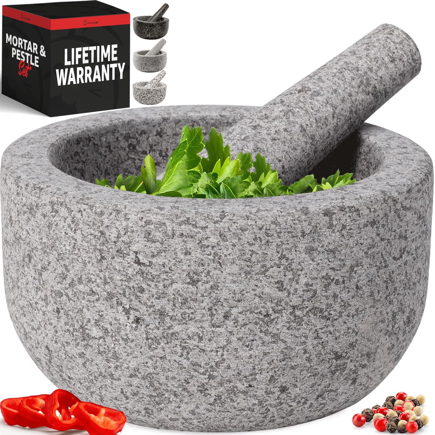 PriorityChef Heavy Duty Extra Large Mortar and Pestle Set, Hand Carved from Natural Granite, Make Fresh Guacamole, Salsa, Pesto, Stone Grinder Bowl, Herb Crusher, Spice Grinder, 4 Cup, Grey