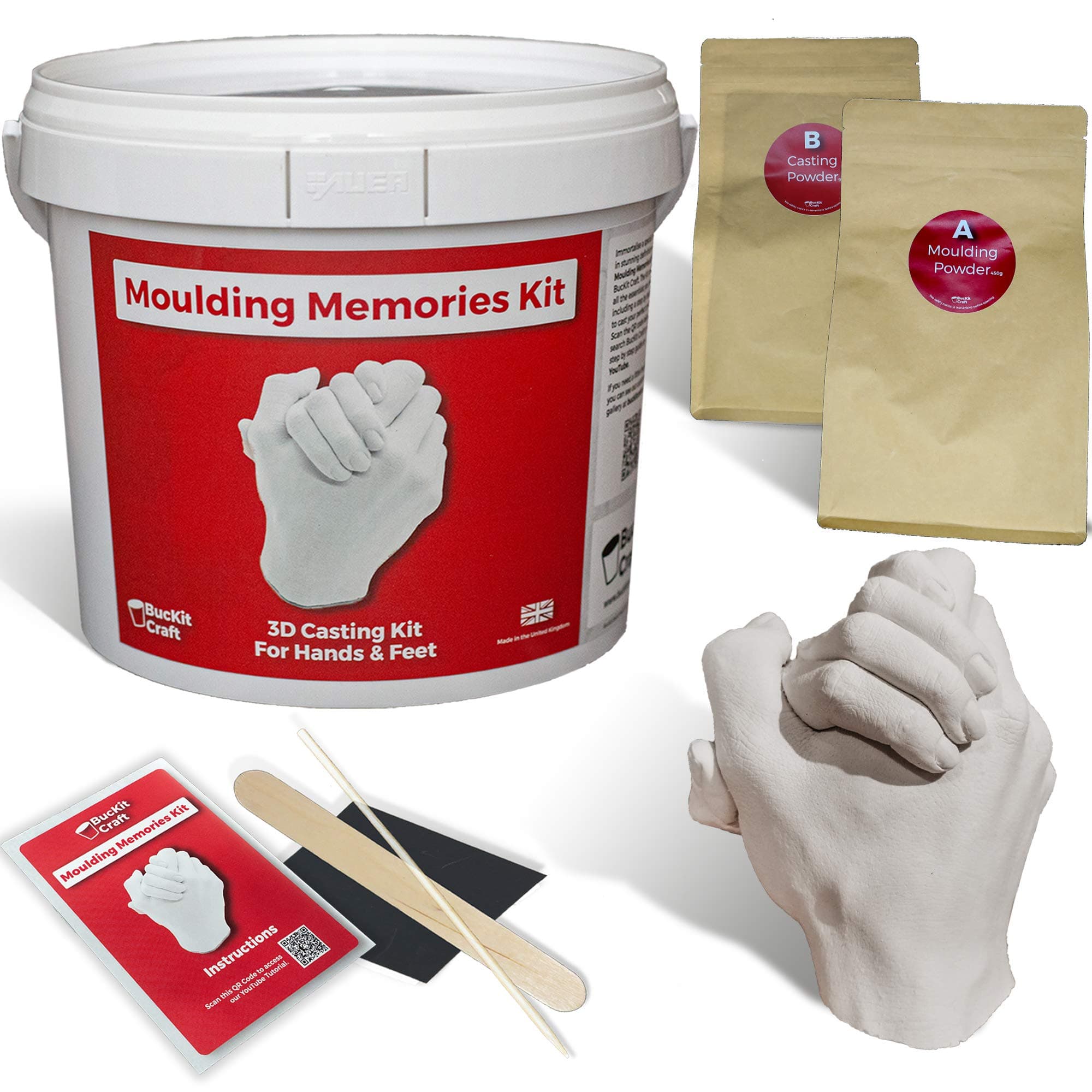 3D Casting Kit - Moulding Memories Kit by BucKit Craft | Complete craft kit with all essentials for DIY double hand moulding, hand casting or foot casting with baby or children. Made in United Kingdom