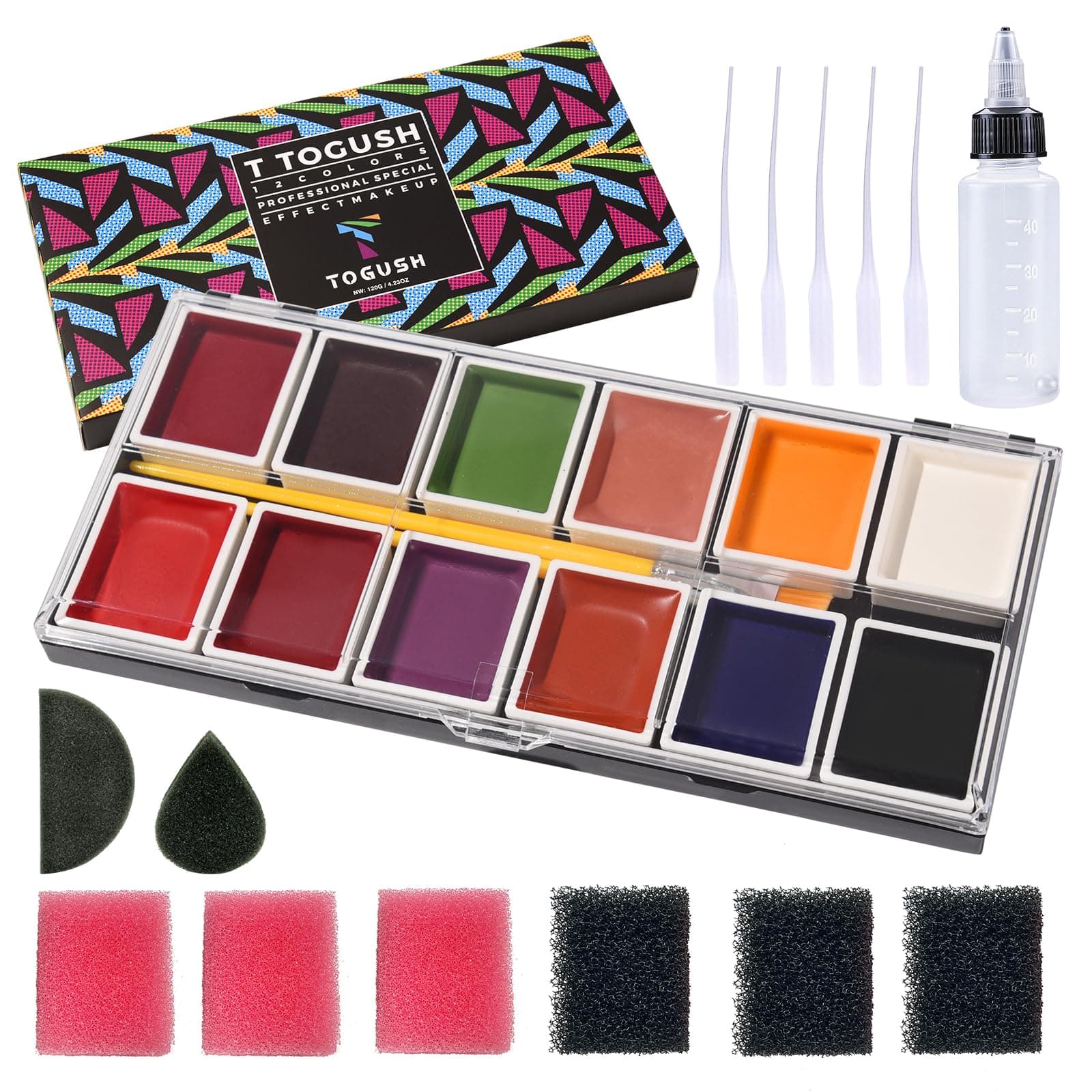12 Colors Alcohol Activated Makeup Palette Set with Mimic Wound Sponge Egg for SFX Halloween Makeup