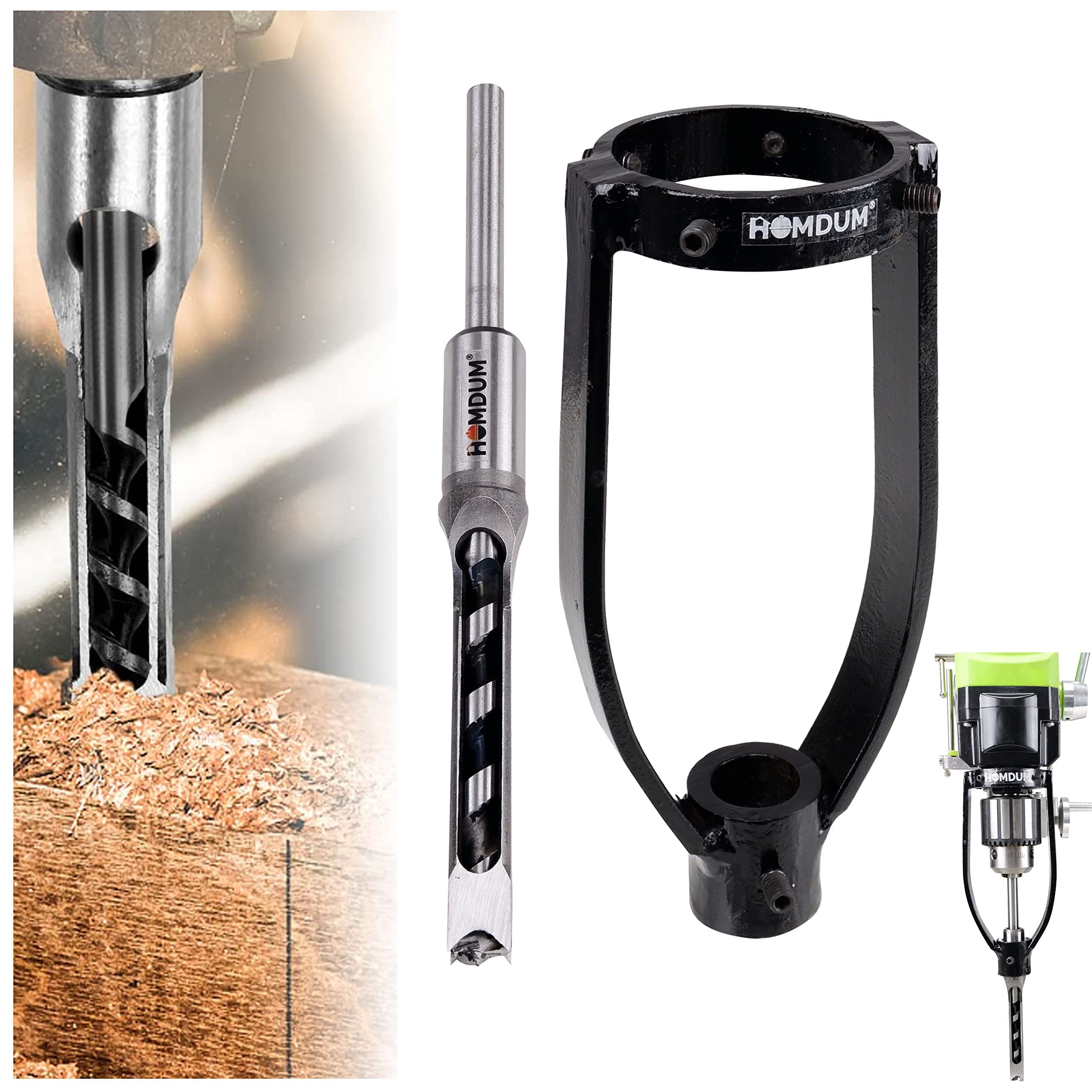 Homdum1/2 inch Square hole drill bits wood mortising chisel with Tenoning Attachment Jig for Woodworking Auger Tool Mortise drill bit drilling dia 12 mm with Square drill Mortise Chisel Sleeve Holder