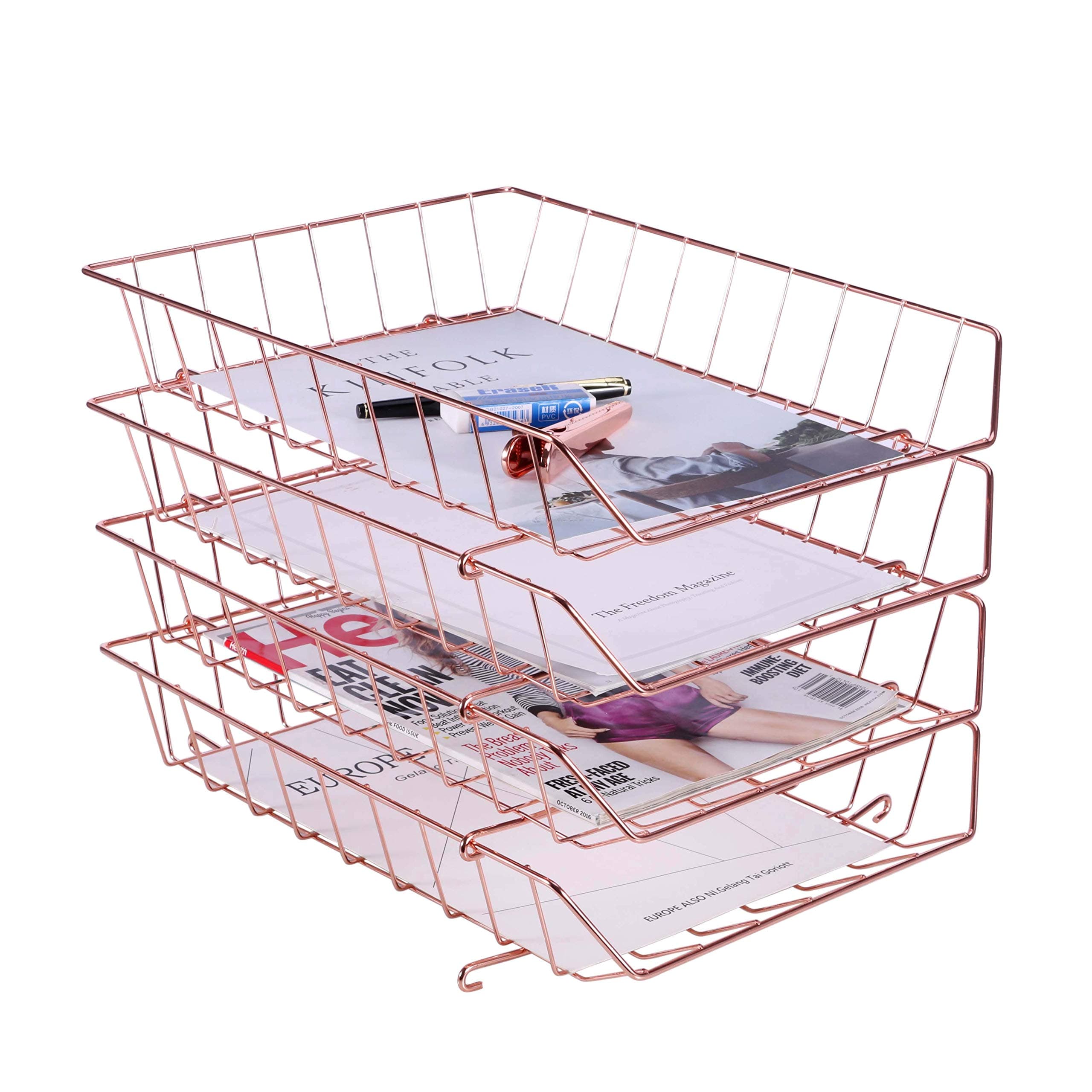 Z PLINRISE Stackable Letter Tray, 4-Tier Desk File Organizer for Mails, Magazines, Documents and Accessories, Wire Paper Tray for Home, School and Office, Rose Gold