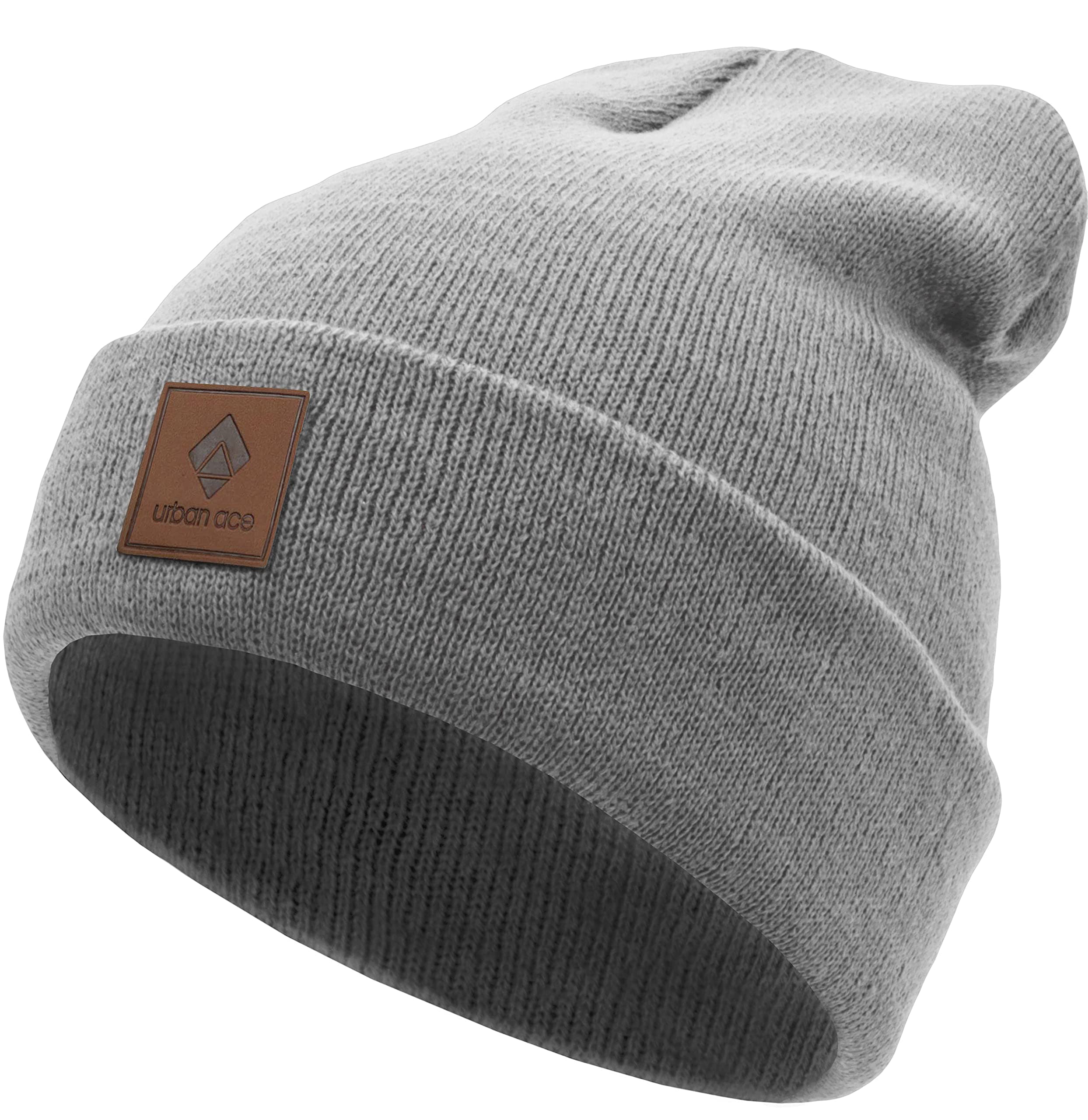 urban air Women's Street Classics cuff beanie hat with leatherpatch One Size Gray