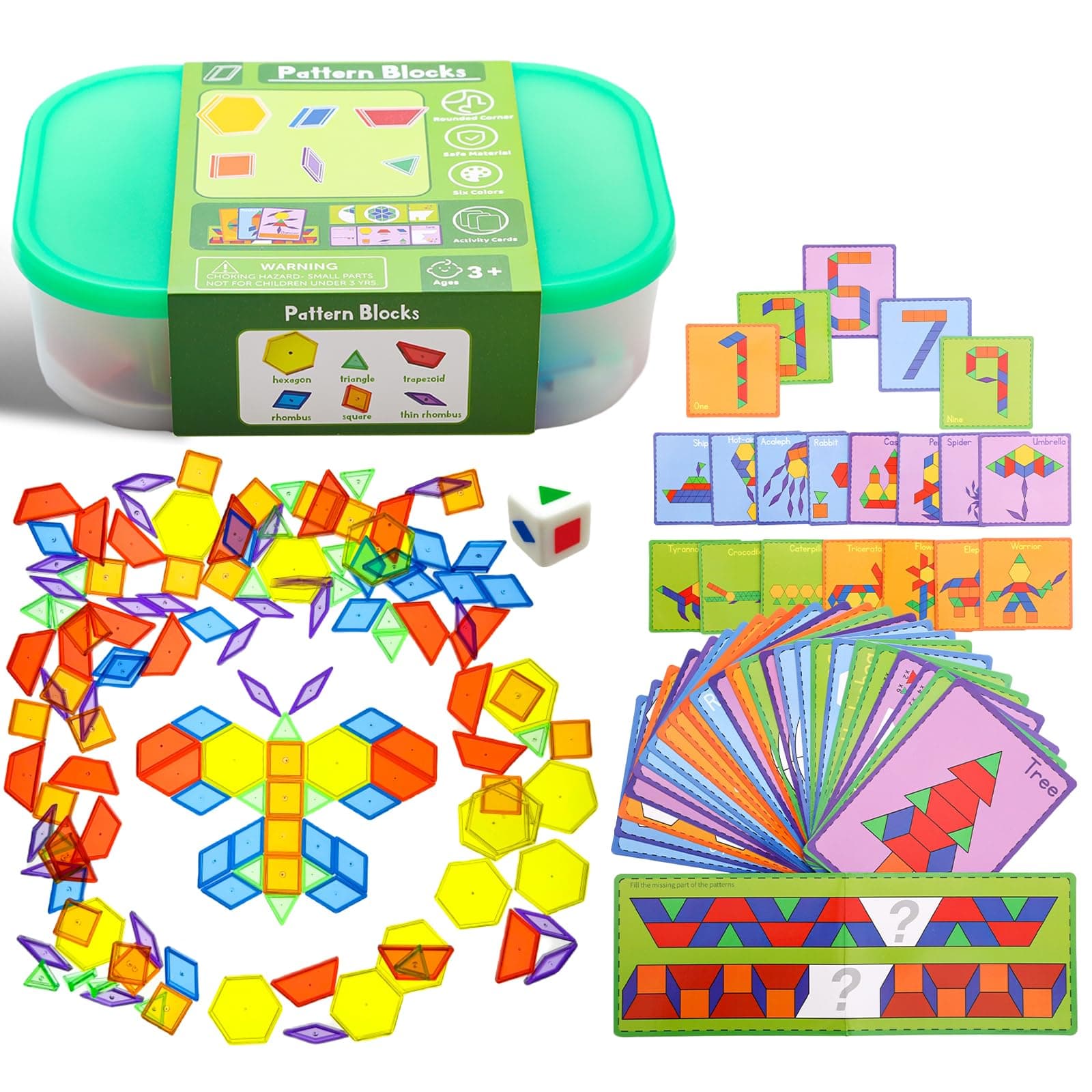 140 Pcs Translucent Pattern Blocks,Geometric Shapes,Translucent Toys,Light Table Accessories and Manipulatives,Includes 46 Activity Cards